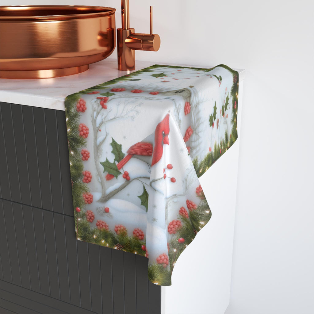 Red Cardinal Christmas Hand Towel: Winter Berry Tea Towel