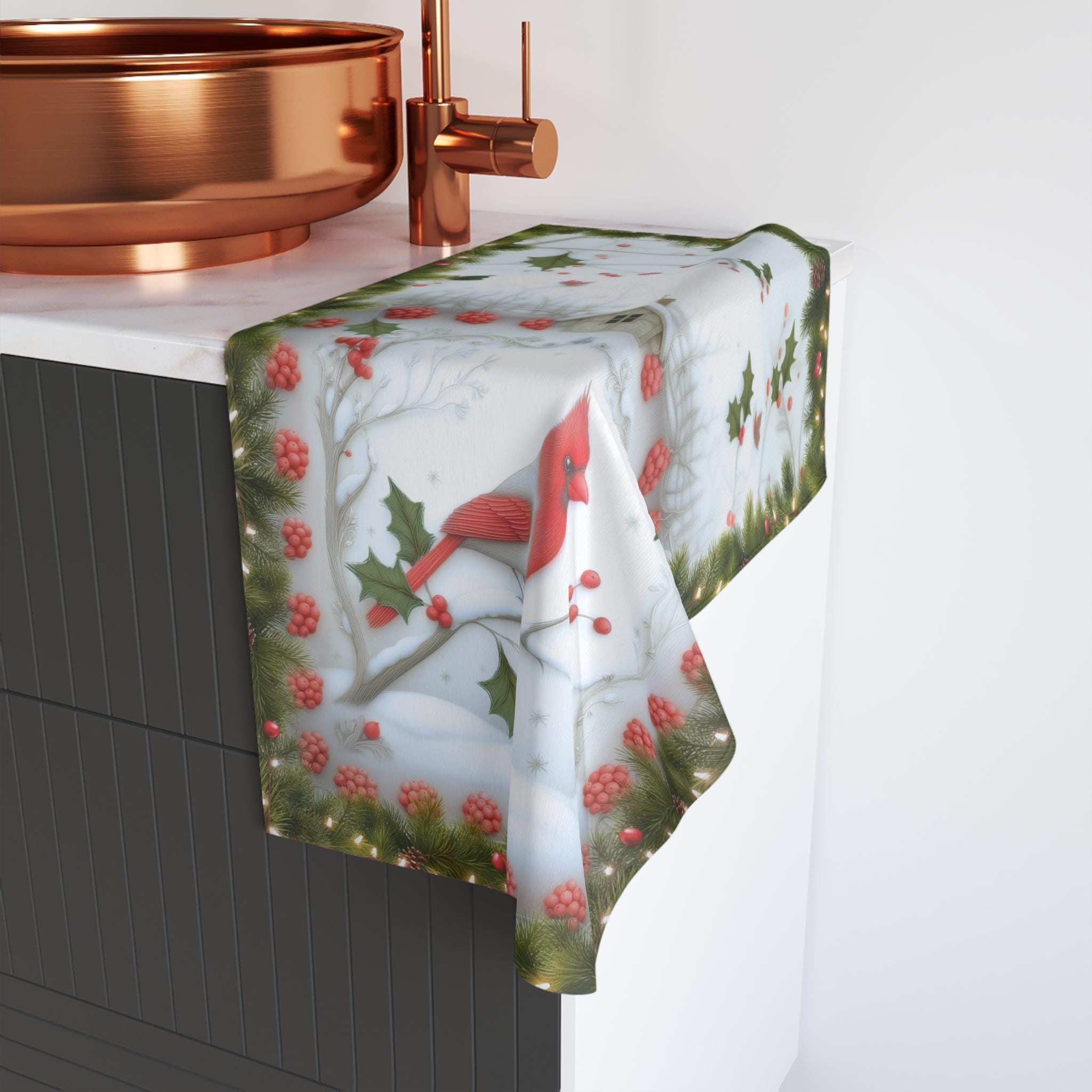 Red Cardinal Christmas Hand Towel: Winter Berry Tea Towel