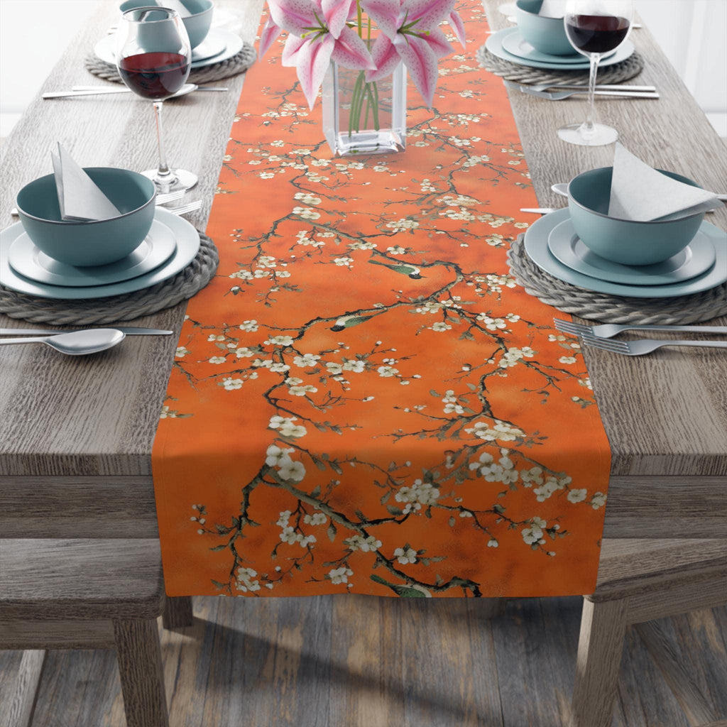 Chinoiserie Table Runner:  Burnt Orange with White Blossoms and Birds for Asian-Inspired Decor