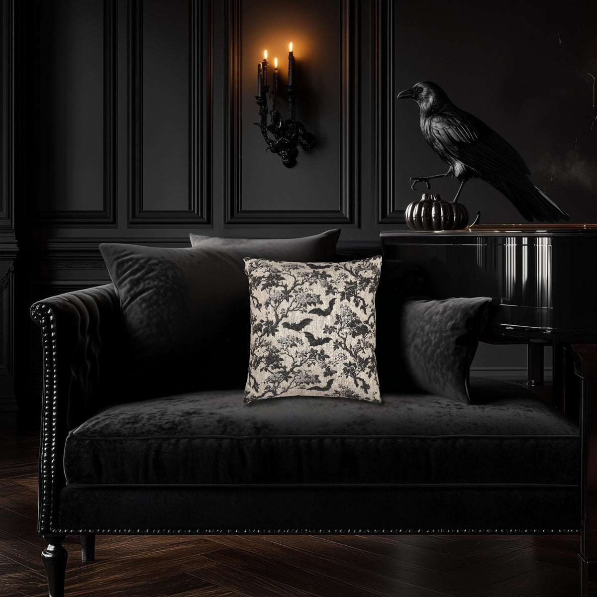 Chinoiserie Five Bats Woven Throw Pillow: Black and Cream Halloween Floral