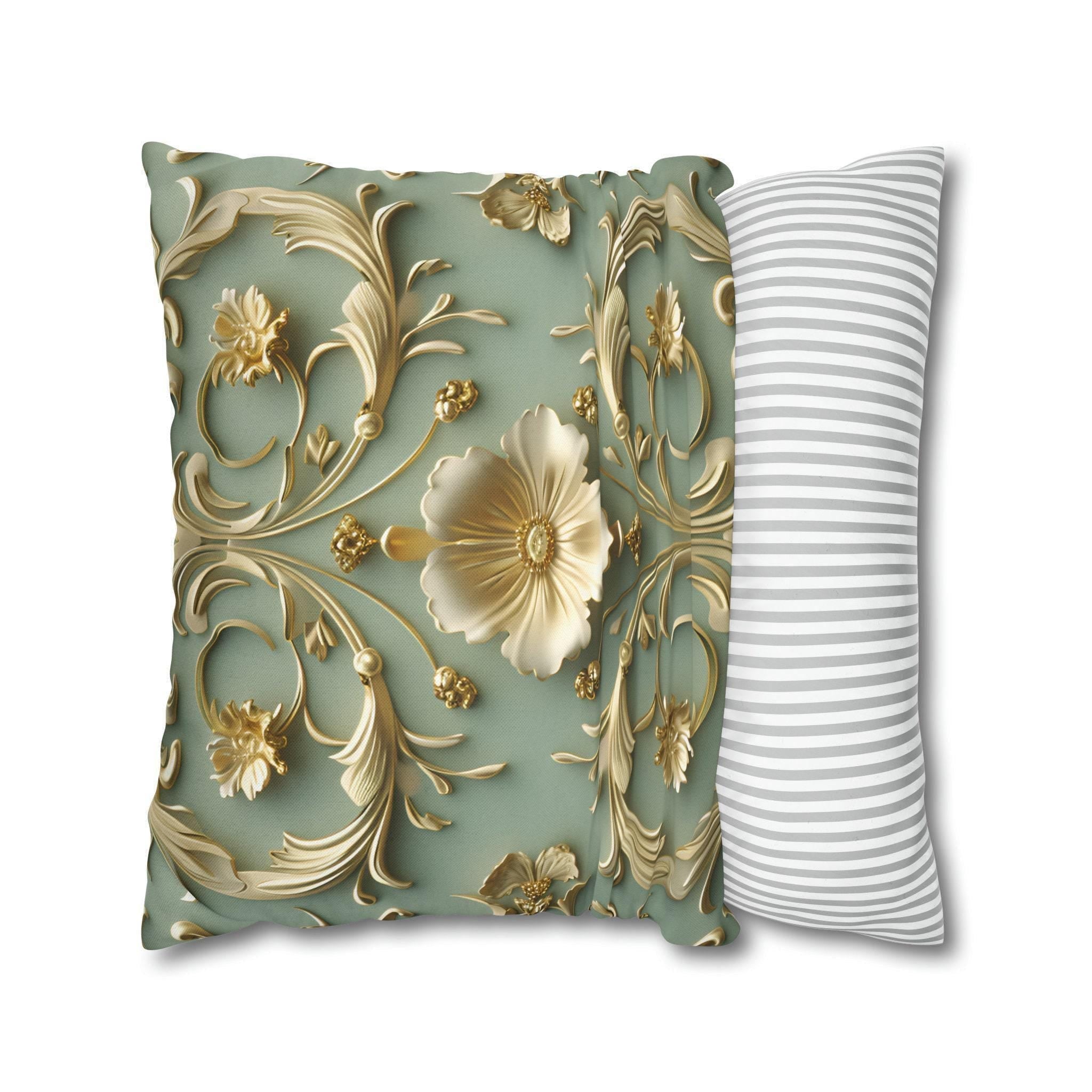 Elegant French Floral 3D Pillow Cover: Teal Blue & Gold Intricate Design for Classical Decor