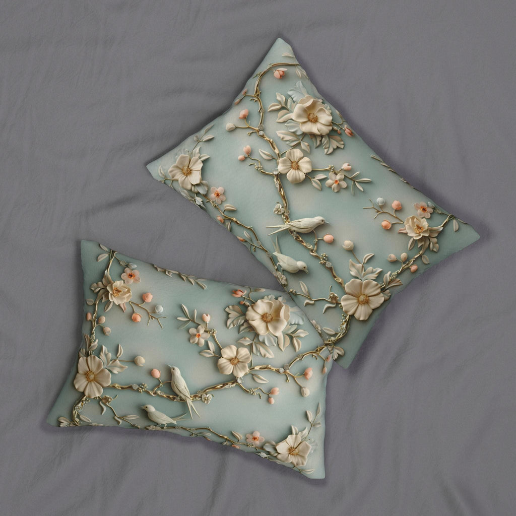 Serene Chinoiserie Lumbar Pillow: Pastel Blue-Green Birds & Blooms 3D Nature-Inspired Accent Cushion