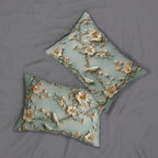 Serene Chinoiserie Lumbar Pillow: Pastel Blue-Green Birds & Blooms 3D Nature-Inspired Accent Cushion