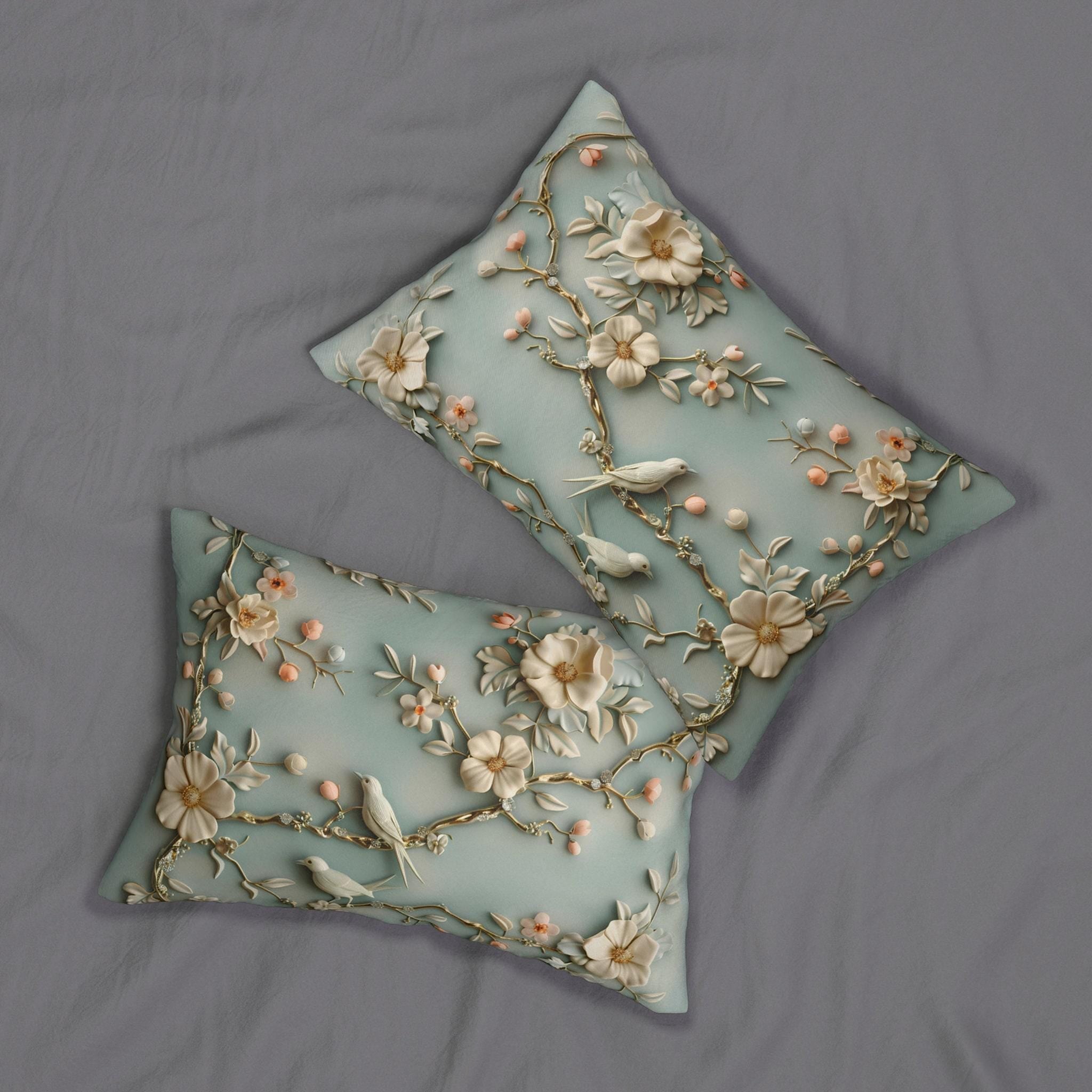 Serene Chinoiserie Lumbar Pillow: Pastel Blue-Green Birds & Blooms 3D Nature-Inspired Accent Cushion