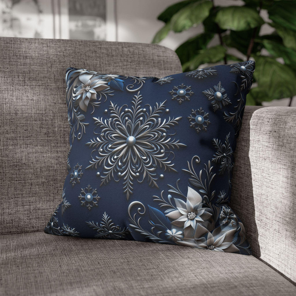 Winter Blue Silver Poinsettia Snowflake Pillowcase, Holiday Decor Square Throw Pillow Cover