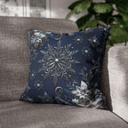 Winter Blue Silver Poinsettia Snowflake Pillowcase, Holiday Decor Square Throw Pillow Cover