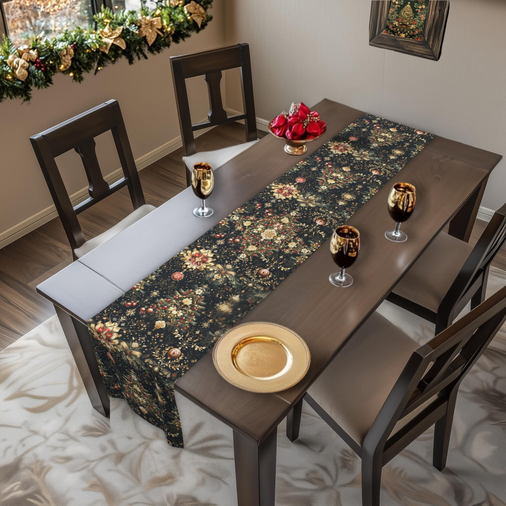 Christmas Tree Table Runner: Luxe Gold Red & Green on Deep Charcoal Holiday Table Decor