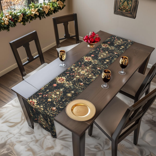 Christmas Tree Table Runner: Luxe Gold Red & Green on Deep Charcoal Holiday Table Decor