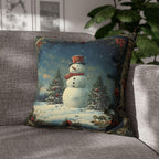 Oil Painting Style Christmas Pillow Cover: Snowman & Blue Forest Scene