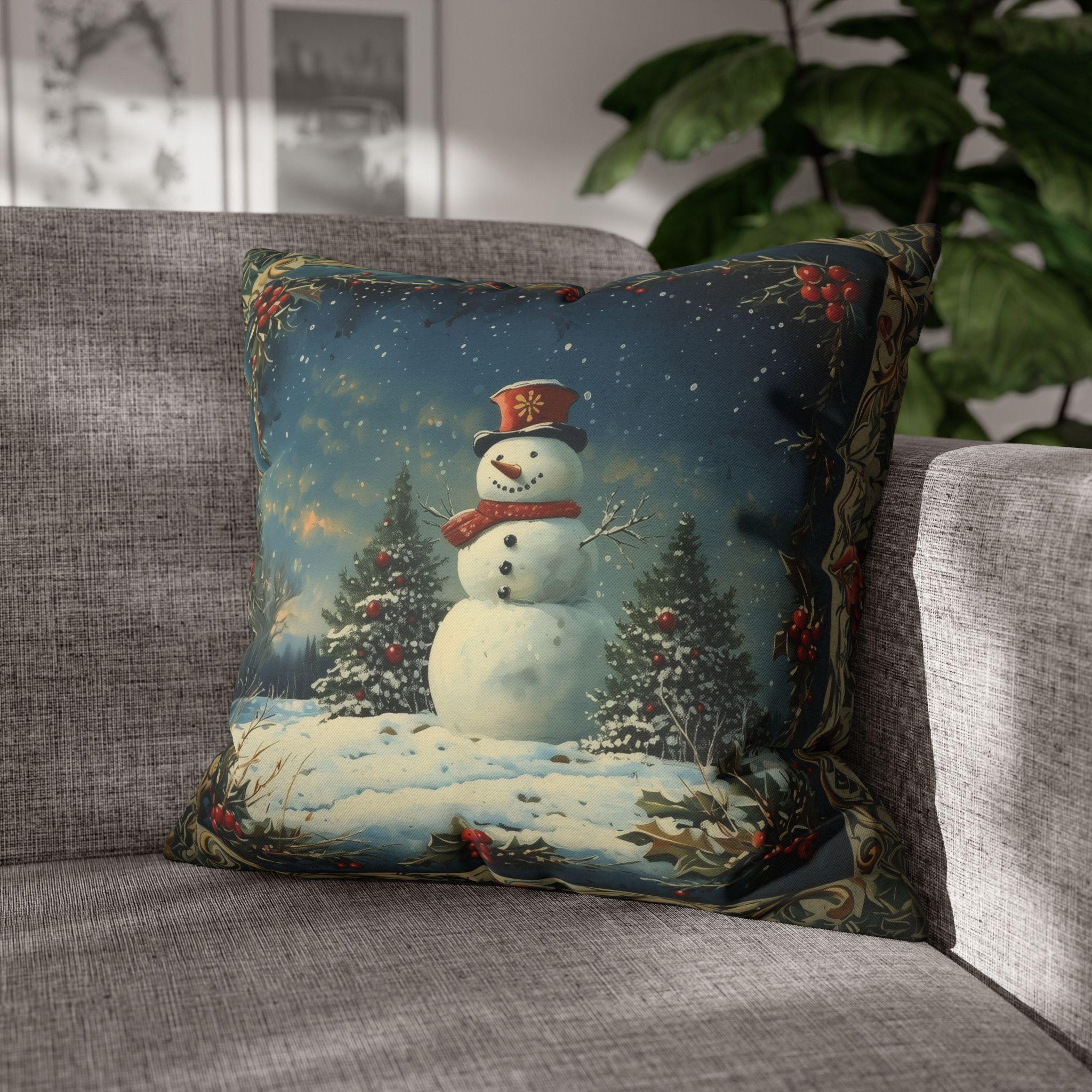 Oil Painting Style Christmas Pillow Cover: Snowman & Blue Forest Scene