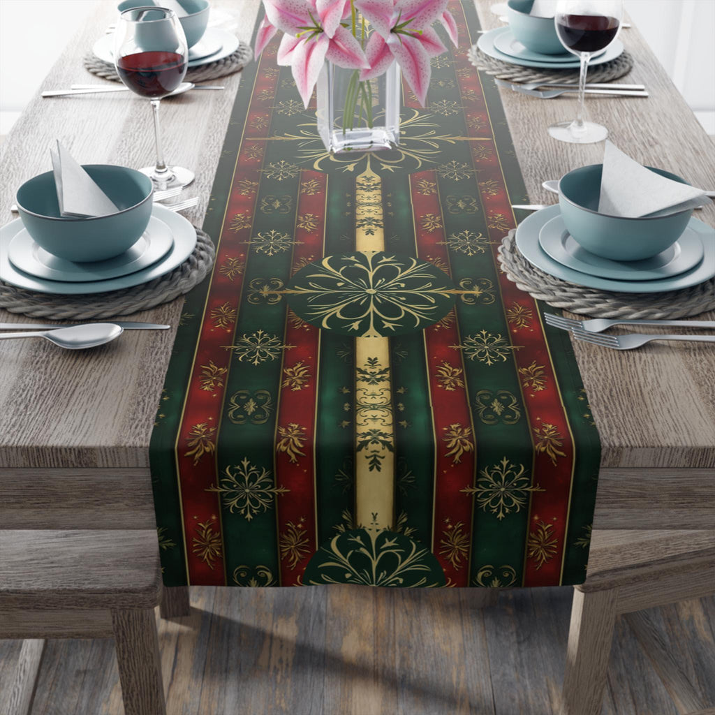 Elegant Christmas Table Runner: Green Red and Gold Snowflake Design