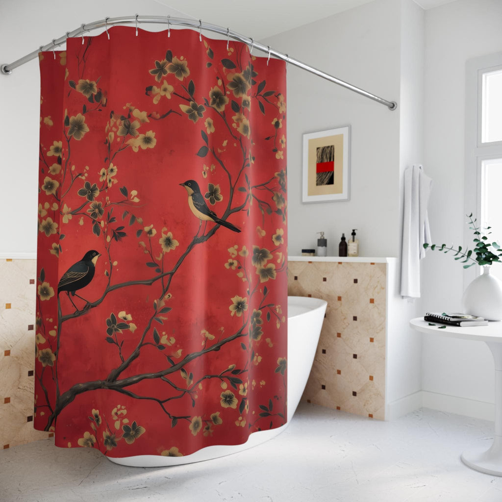 Elegant Chinoiserie Shower Curtain: Red Floral with Black Birds, Asian-Inspired Bathroom Decor