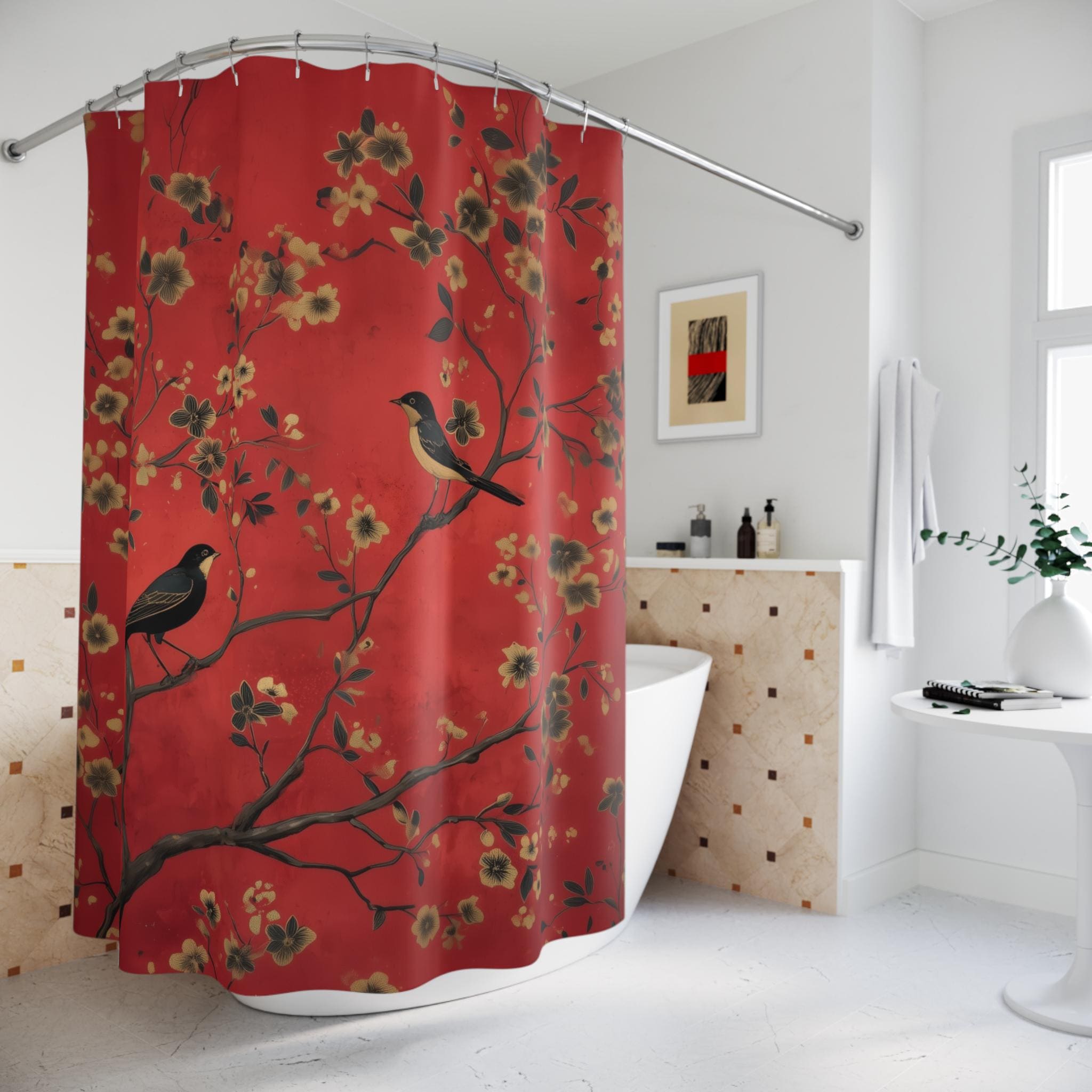 Elegant Chinoiserie Shower Curtain: Red Floral with Black Birds, Asian-Inspired Bathroom Decor