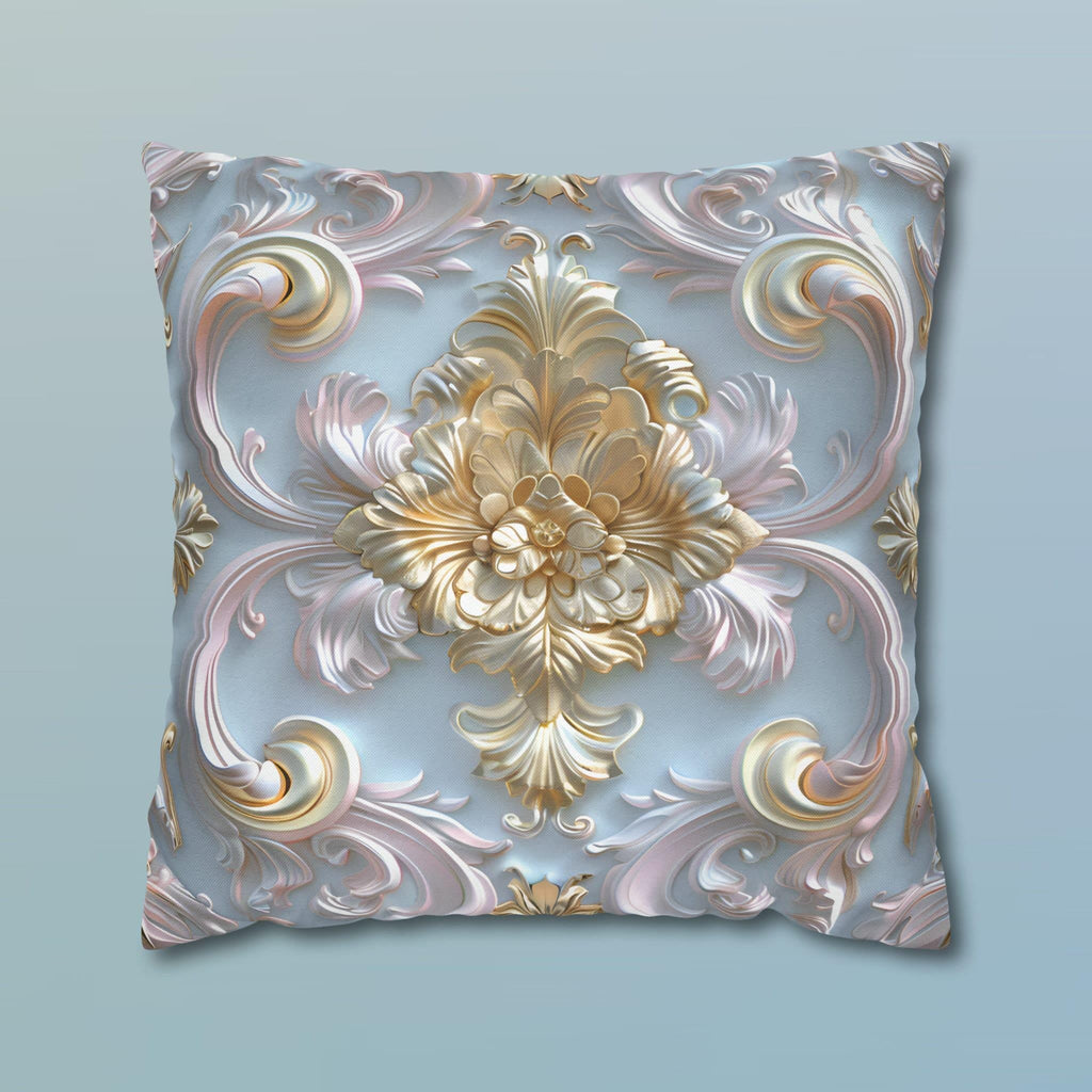 Rococo Coquette Pillow Cover: Pale Gold Floral on Pastel Blue