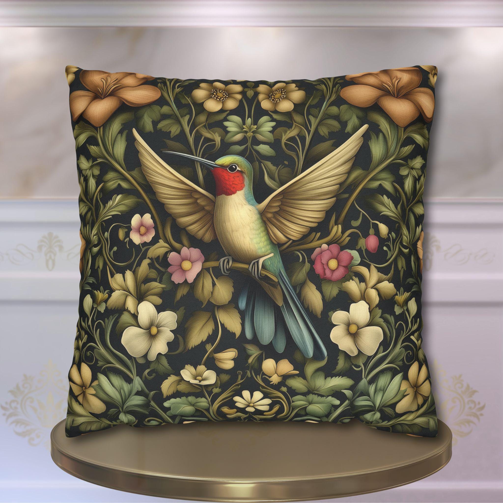 William Morris Inspired Hummingbird Floral Pillow Cover: Arts and Crafts Garden Accent