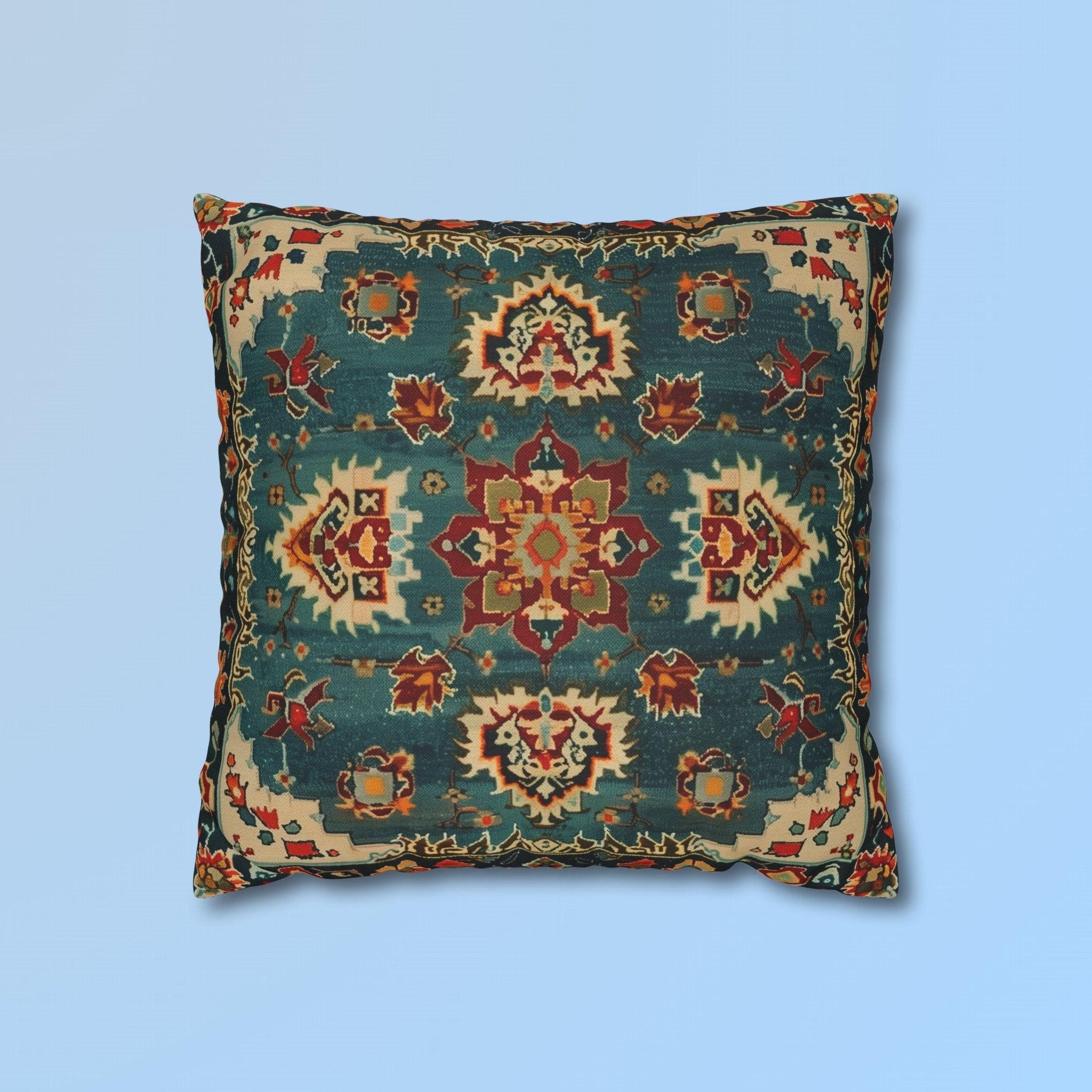 Turkish Rug-Inspired Throw Pillow Cover: Deep Teal & Warm Red Medallion Pattern Square Cushion