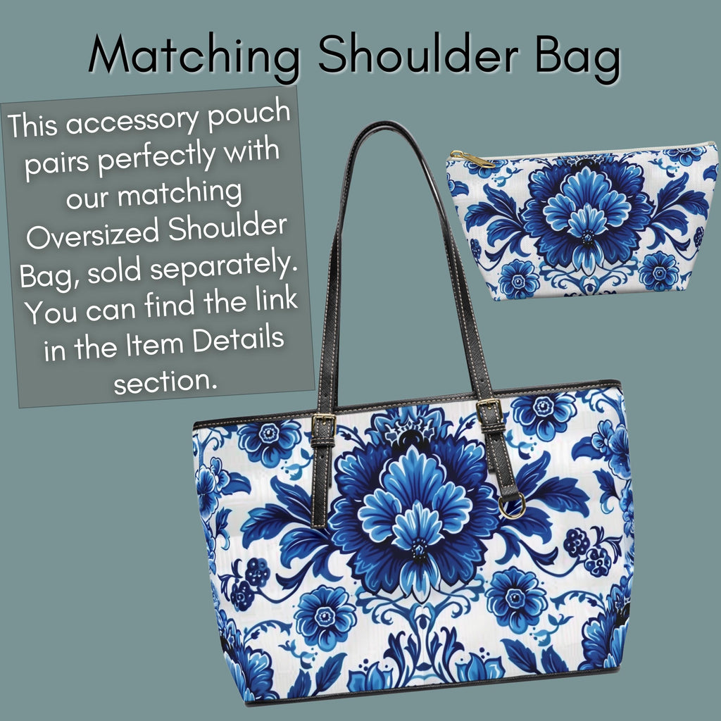 Elegant Blue Floral Accessory Pouch: Boho Makeup Bag & Travel Organizer with Porcelain Pattern