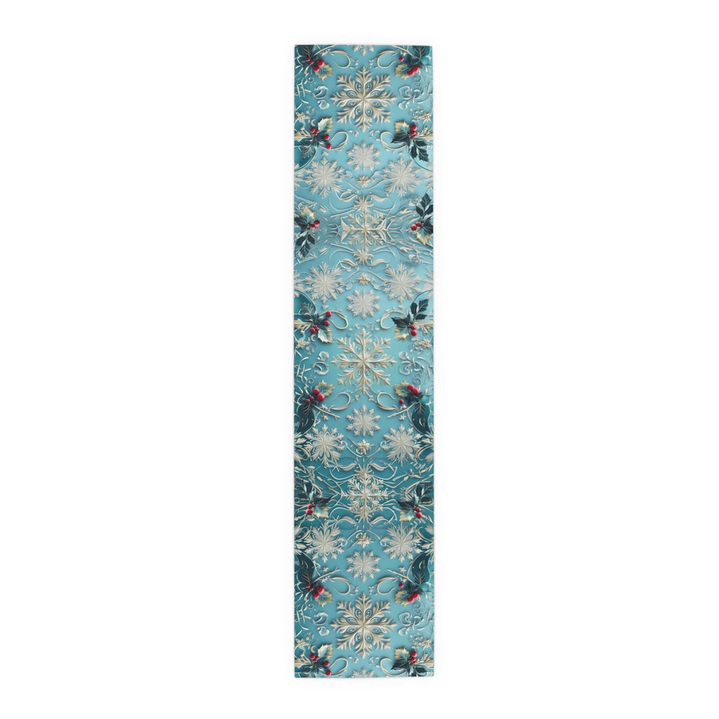 Elegant Blue Christmas Table Runner with Snowflakes, Holly Leaves, and Berries for Festive Dining