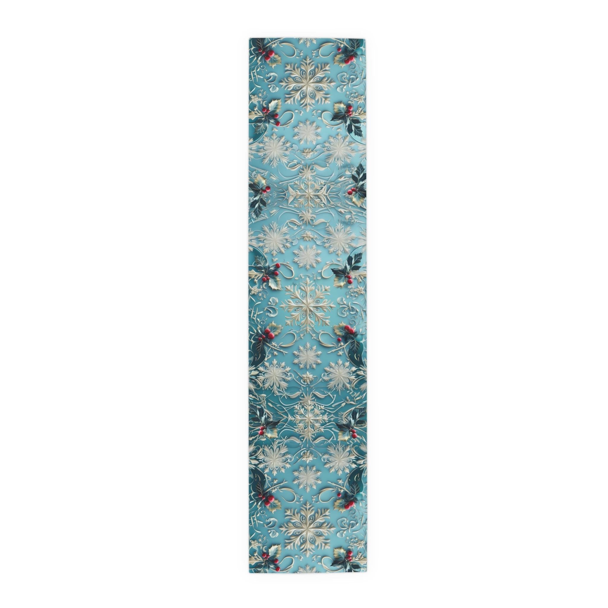Elegant Blue Christmas Table Runner with Snowflakes, Holly Leaves, and Berries for Festive Dining