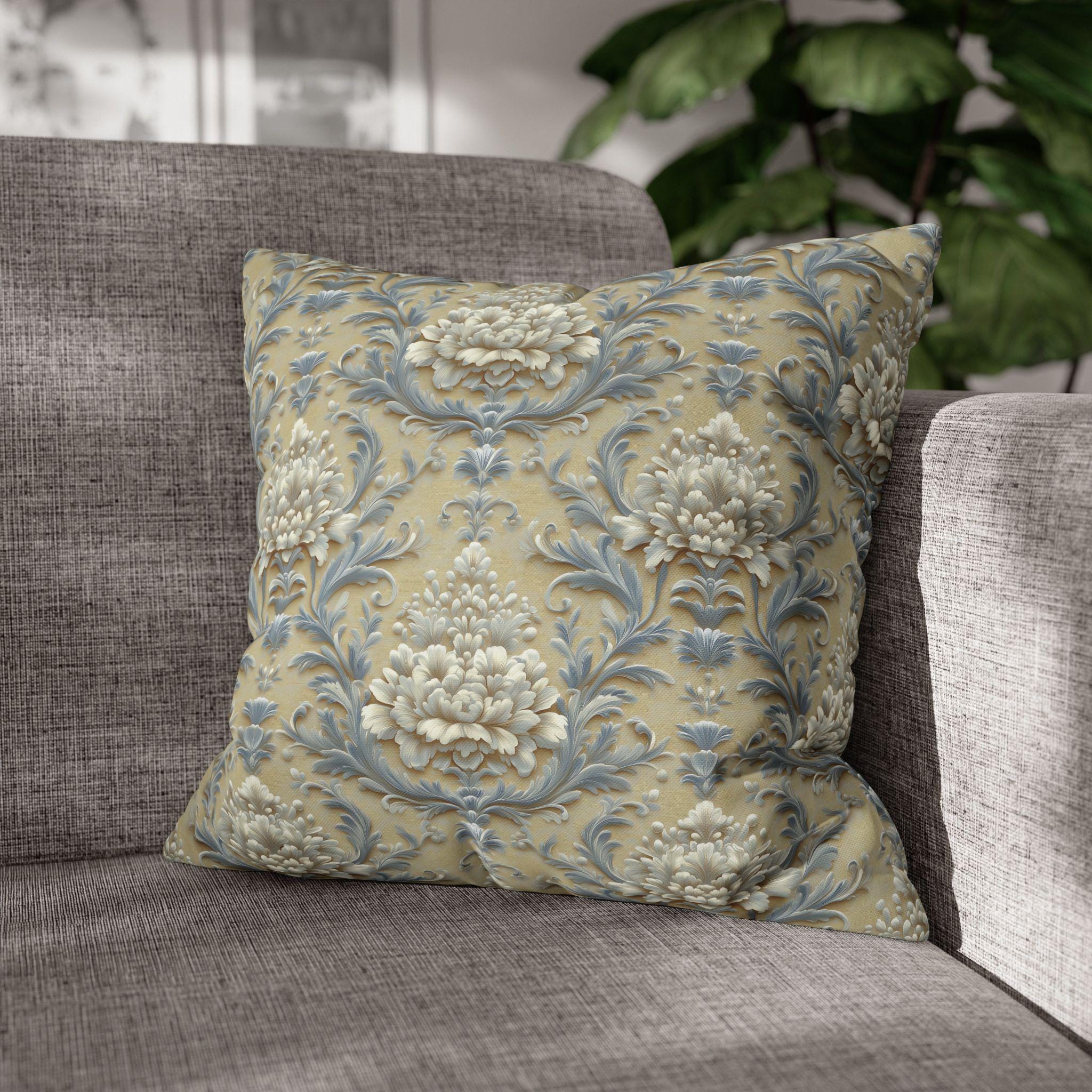 Damask Floral Pillow Cover: Blue & Gold Cushion Case - Classic Decor