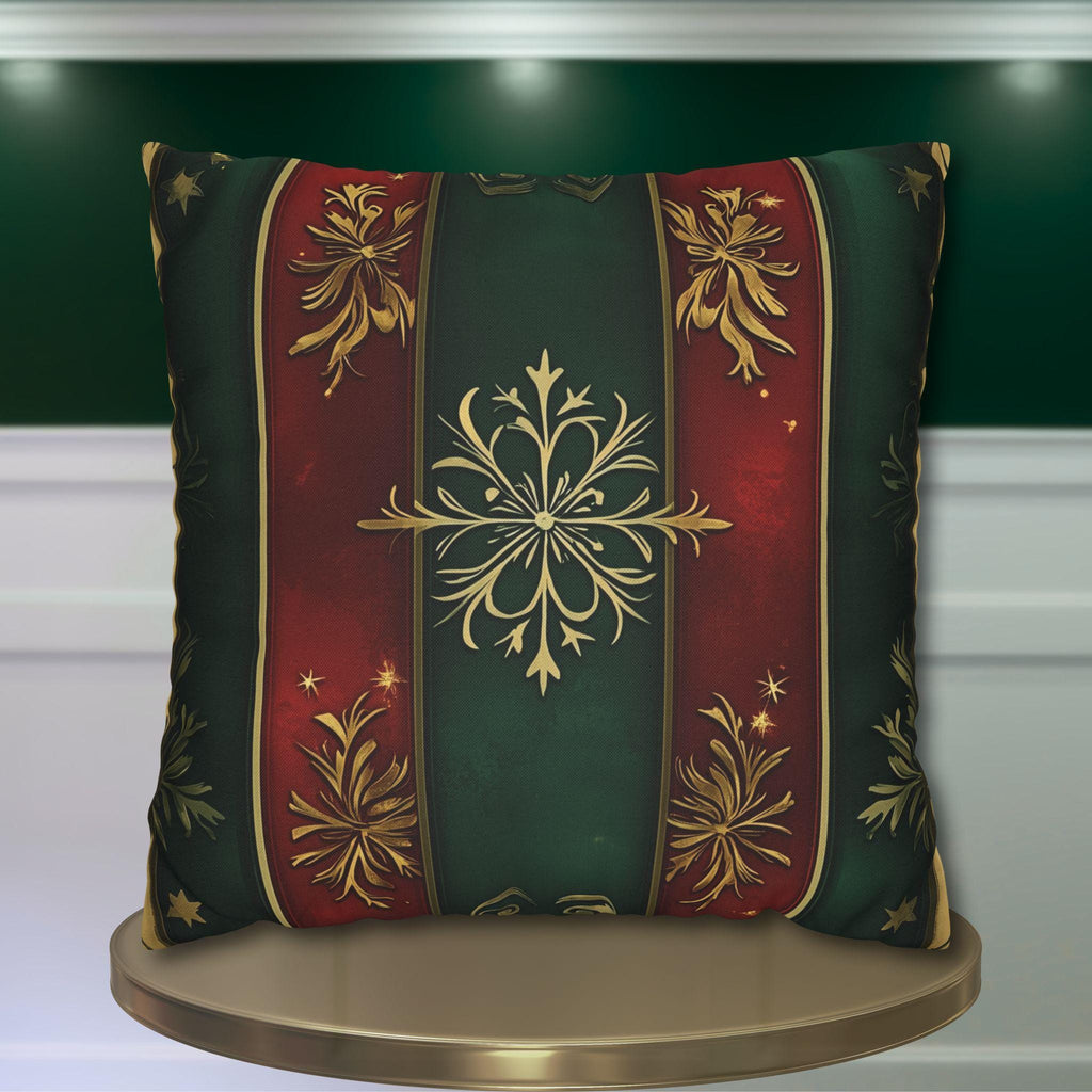 Red and Green Striped Holiday Pillow Cover: Gold Floral Accent
