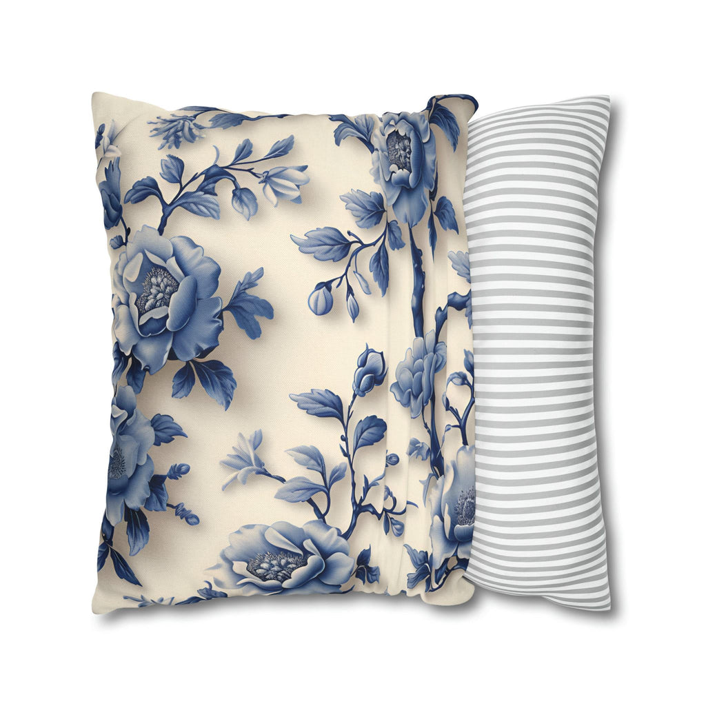 Elegant Chinoiserie Blue Floral Pillow Cover: Porcelain-Inspired Off-White