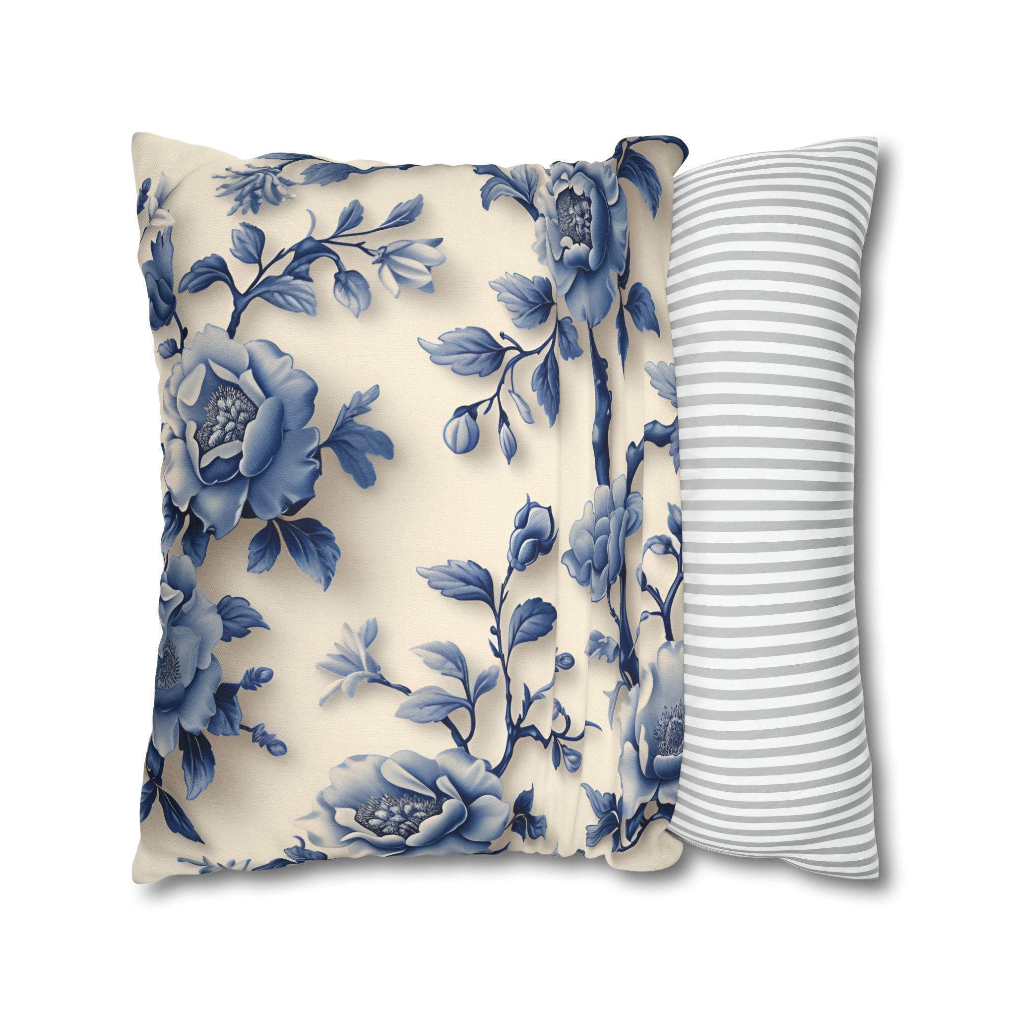 Elegant Chinoiserie Blue Floral Pillow Cover: Porcelain-Inspired Off-White
