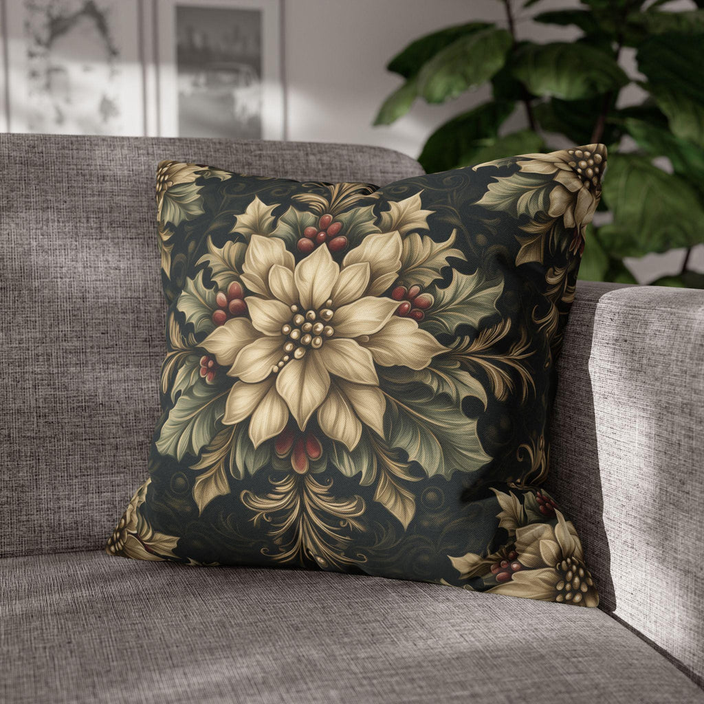 William Morris Christmas Pillow Cover: Ivory Poinsettia & Holly on Midnight Green