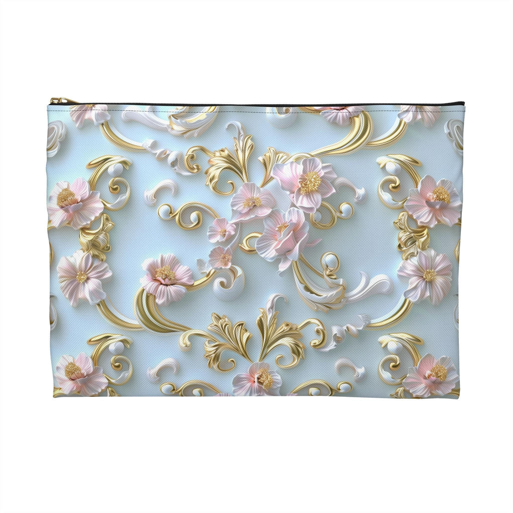 Rococo Zipper Pouch: Golden Scrollwork, Pink Flowers, Coquette Accessory