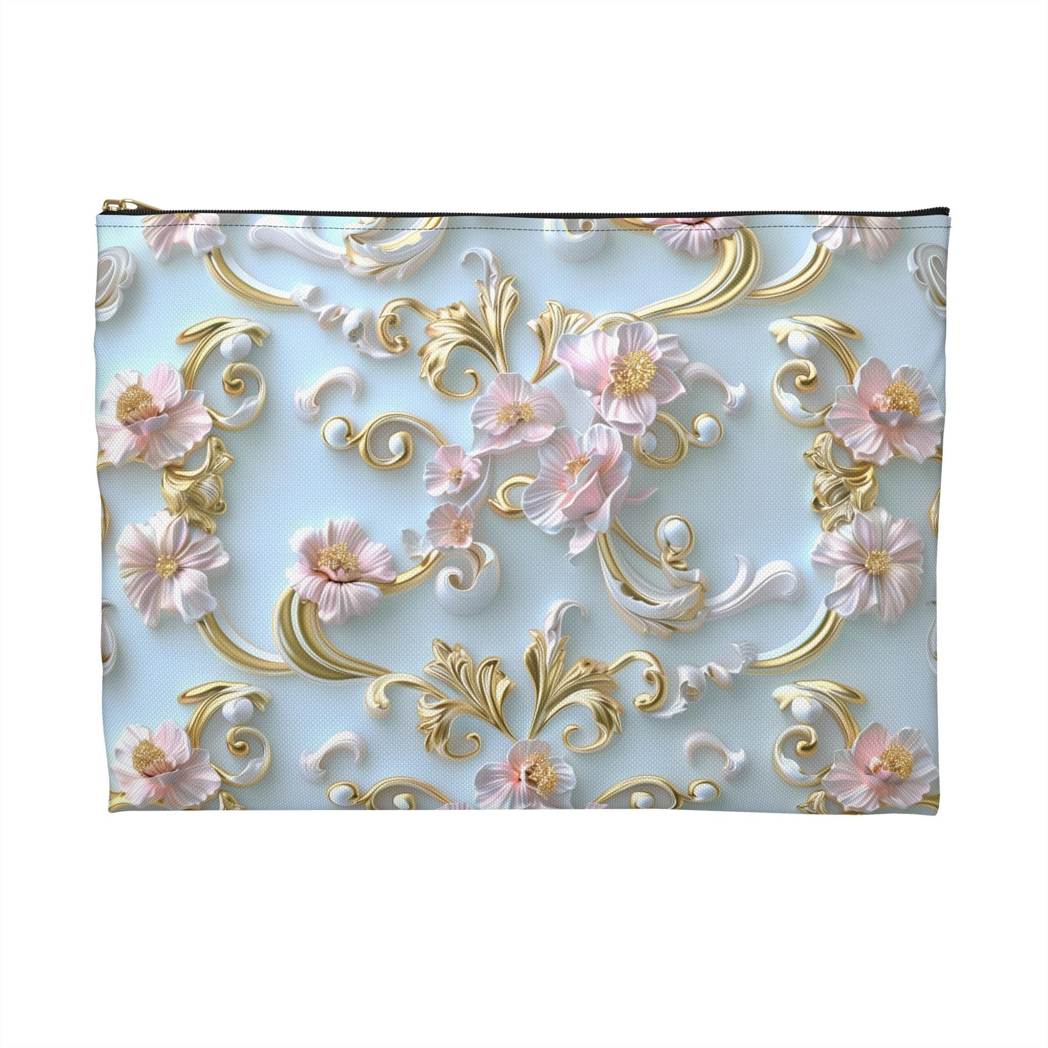 Rococo Zipper Pouch: Golden Scrollwork, Pink Flowers, Coquette Accessory