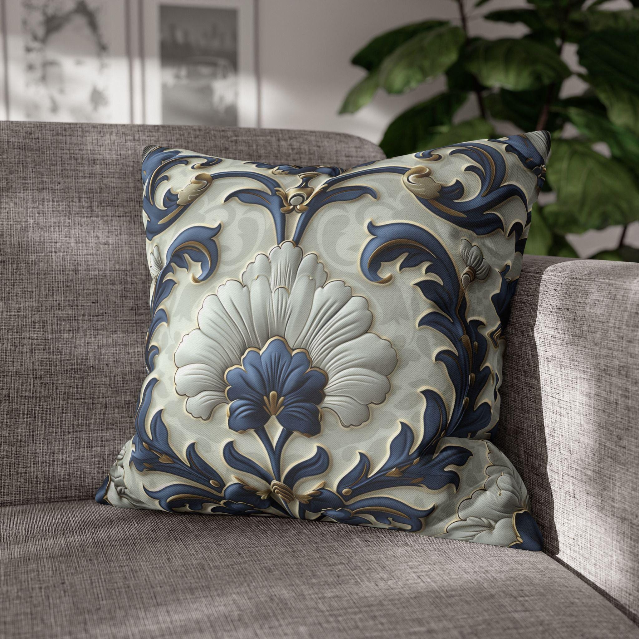 French Country Floral Pillow Cover, Blue White Gold Vintage Design