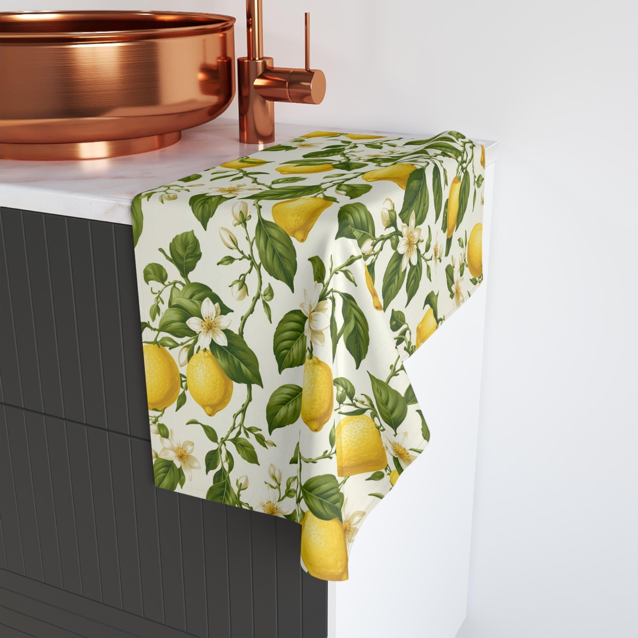 Lemon Hand Towel: with Green Leaves and Florals on a Creamy White Background