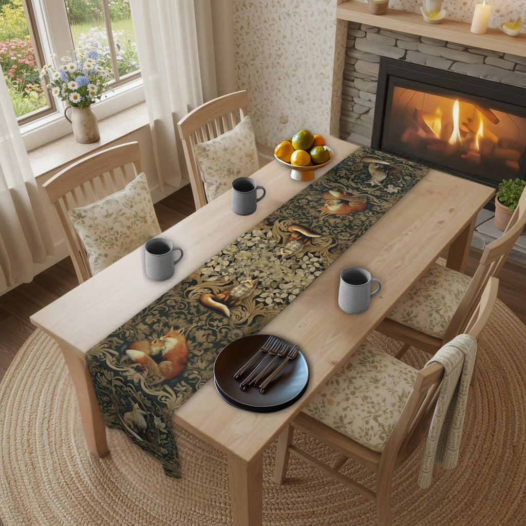 William Morris Fox Table Runner: Dark Woodland Botanical Arts & Crafts Decor