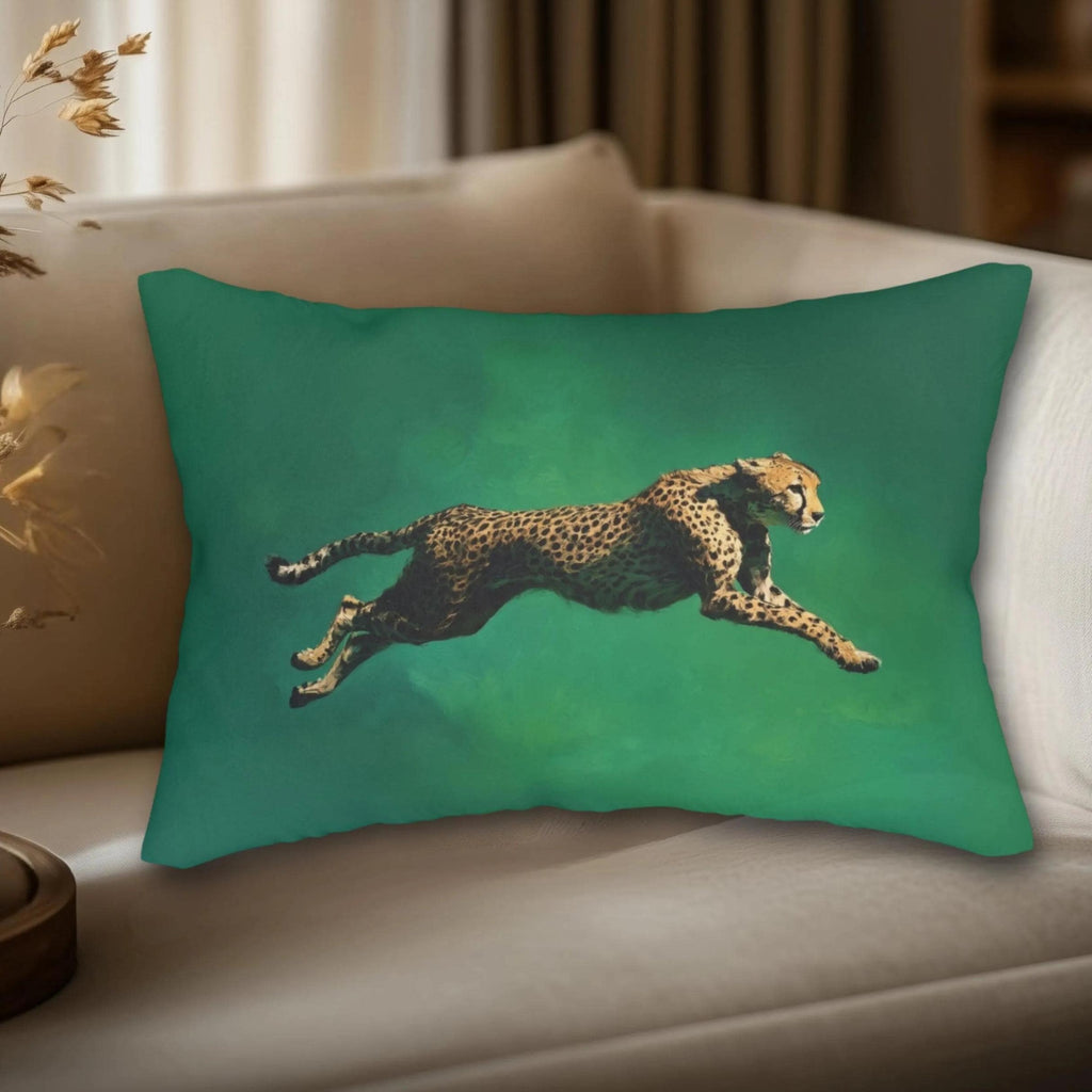 Emerald Sprint Lumbar Pillow: Leaping Cheetah on Jewel-Tone Green
