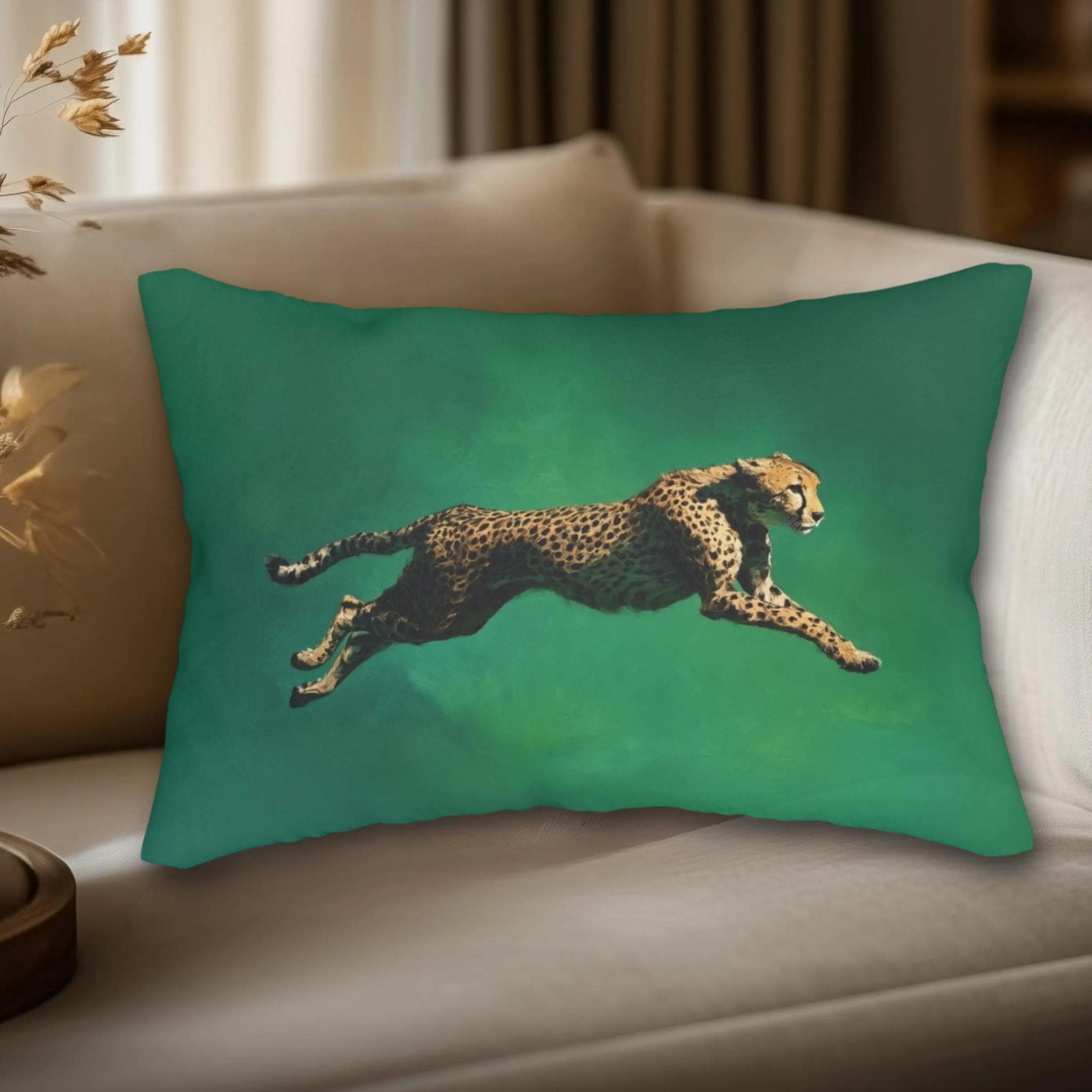 Emerald Sprint Lumbar Pillow: Leaping Cheetah on Jewel-Tone Green