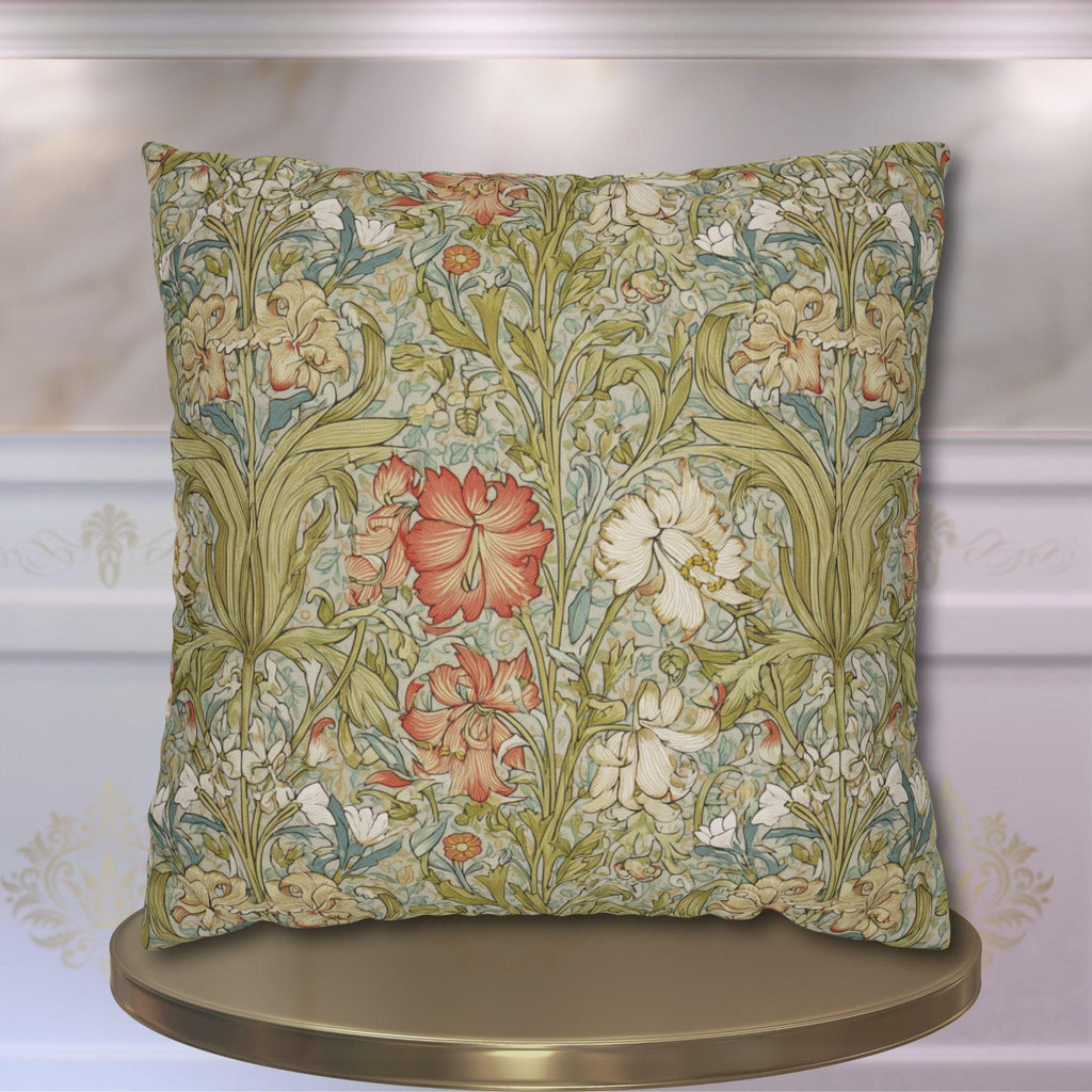 William Morris Style Pillow Cover: Soft Sage, Coral and Ivory Botanical Floral