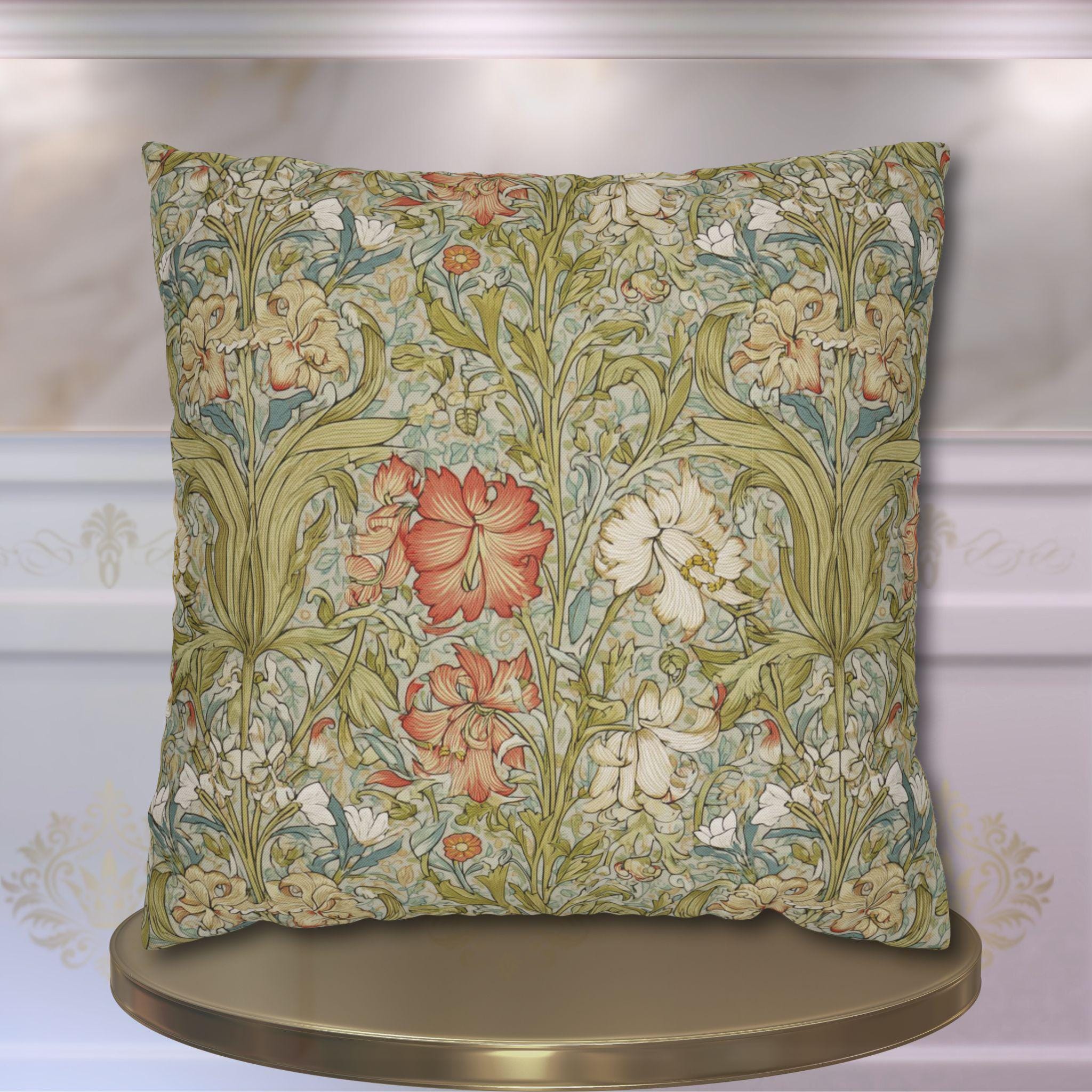 William Morris Style Pillow Cover: Soft Sage, Coral and Ivory Botanical Floral