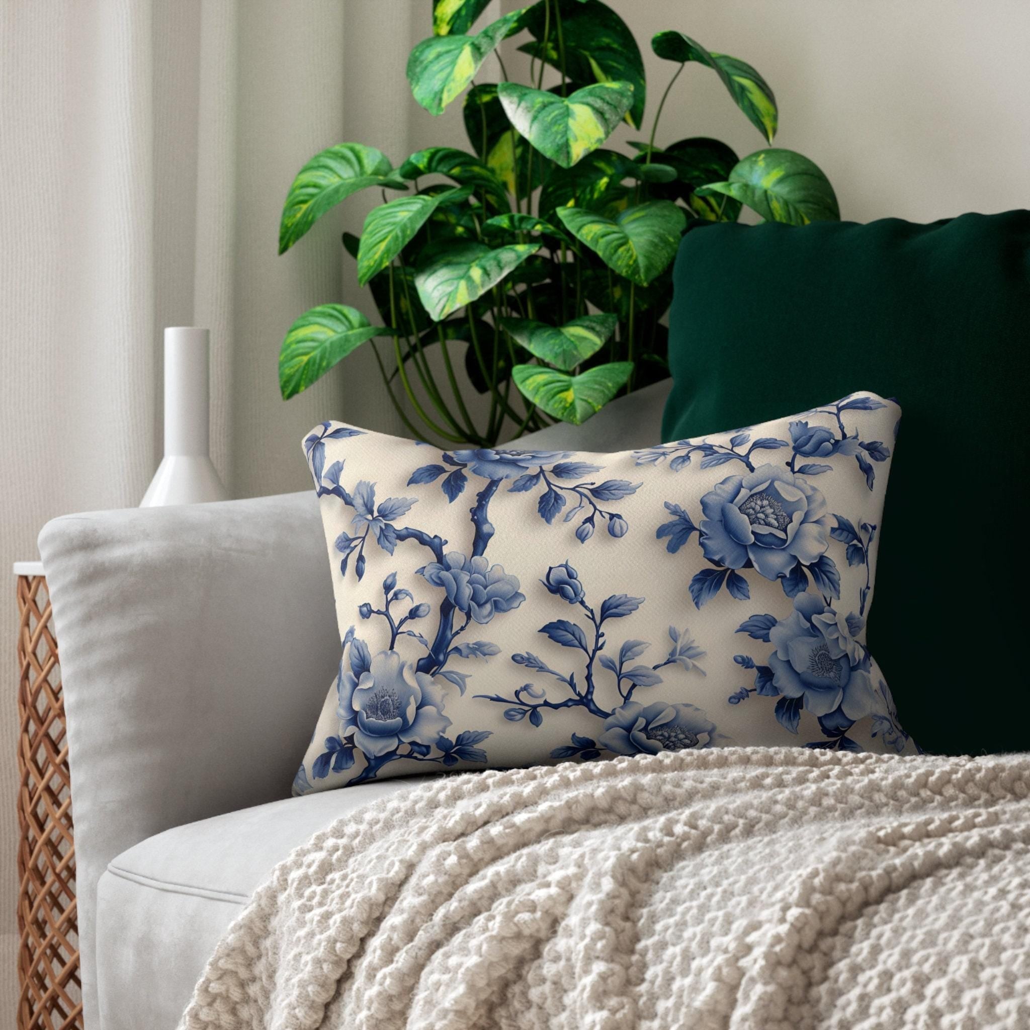 Elegant Chinoiserie Floral Lumbar Pillow - Asian-Inspired Porcelain Design Home Accent (20x14)