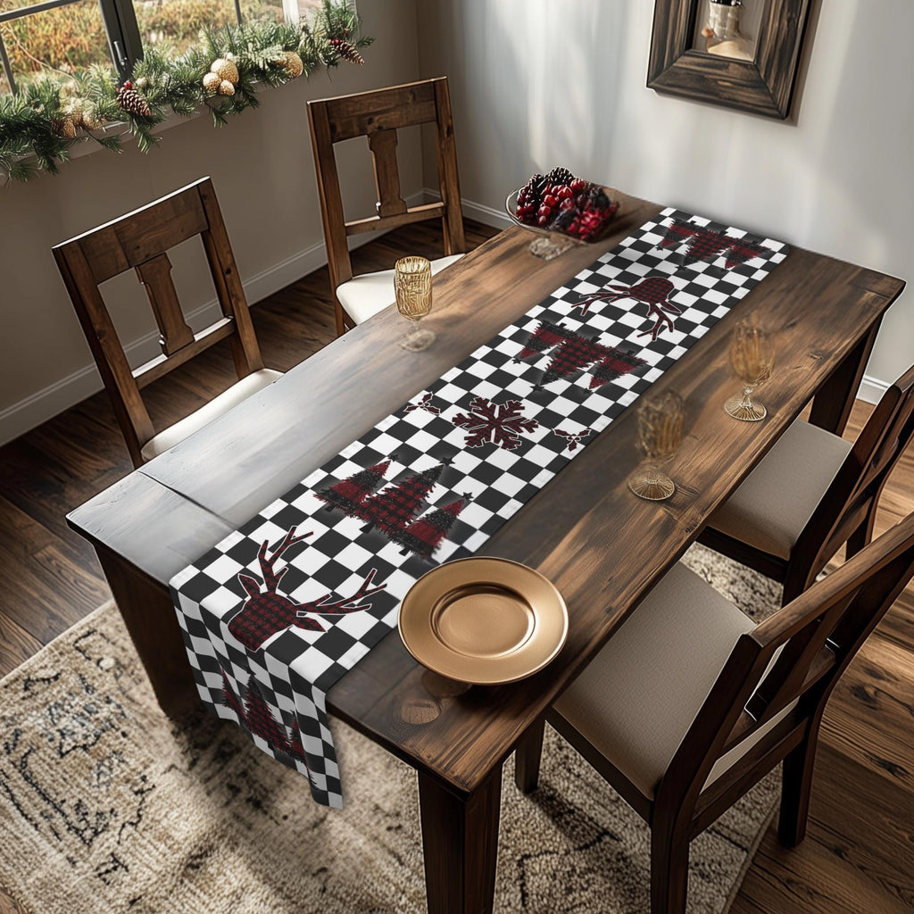 Plaid Christmas Icon Checkered Table Runner:  Modern Twist on Classic Holiday Decor