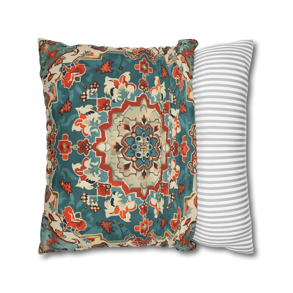 Traditional Turkish Kilim-Inspired Pillow Cover: Vibrant Teal Medallion Design Square Cushion