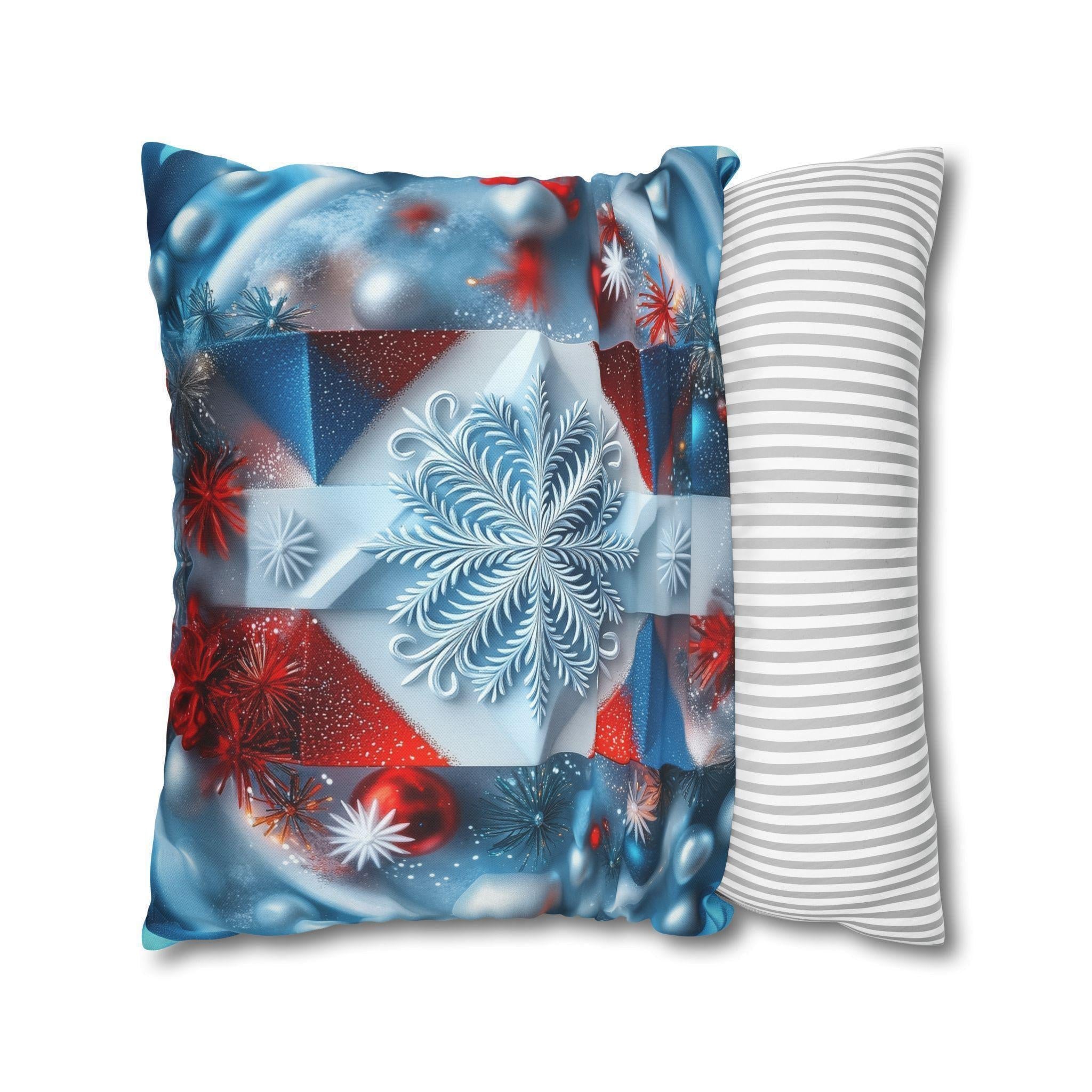 Winter Snowflake Pillow Cover, Geometric Holiday Throw Cushion, Red White Blue
