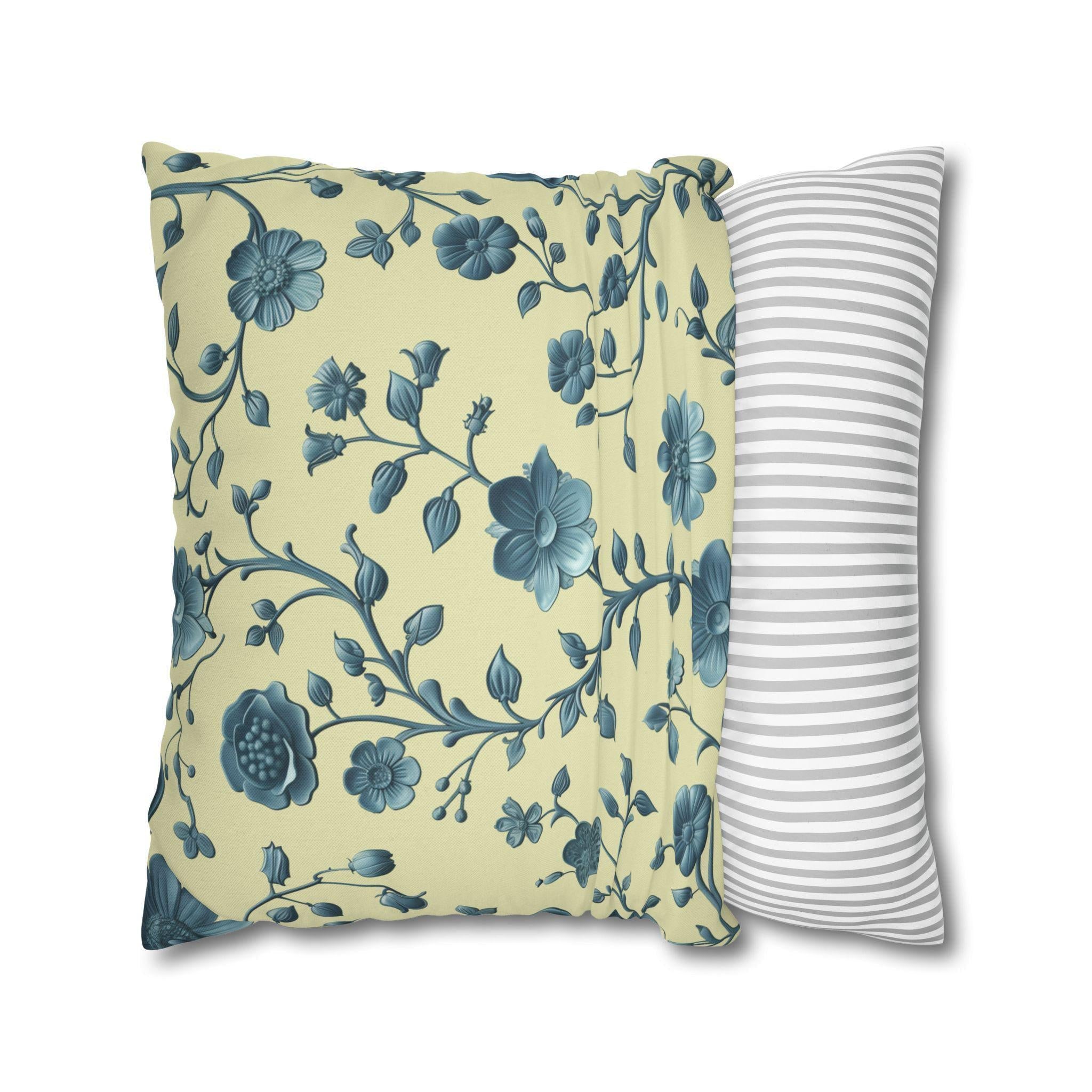 Elegant Chinoiserie Floral Pillow: Teal & Buttery Yellow Botanical Cushion for Classic or Modern Decor