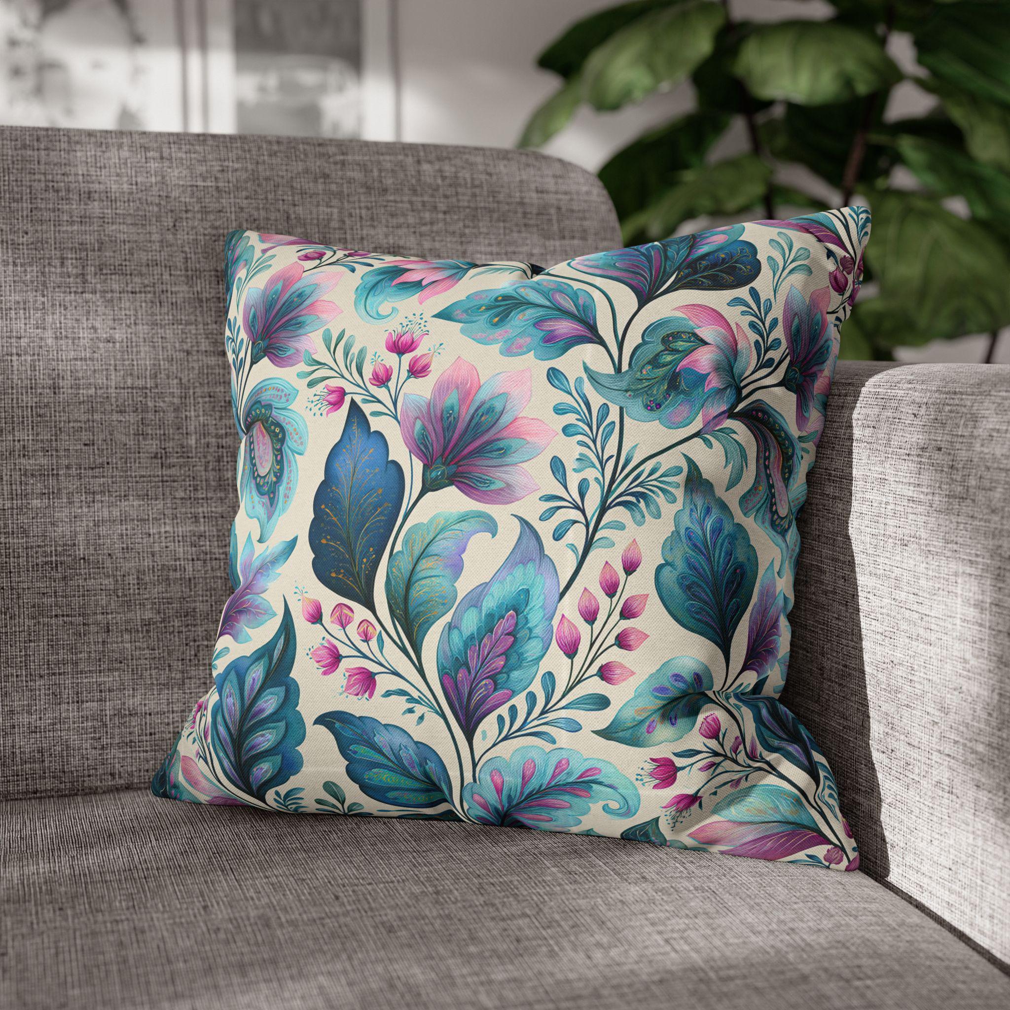 Botanical Paisley Pillow Cover: Watercolor Jewel Tone in Teal, Aqua, Violet and Pink