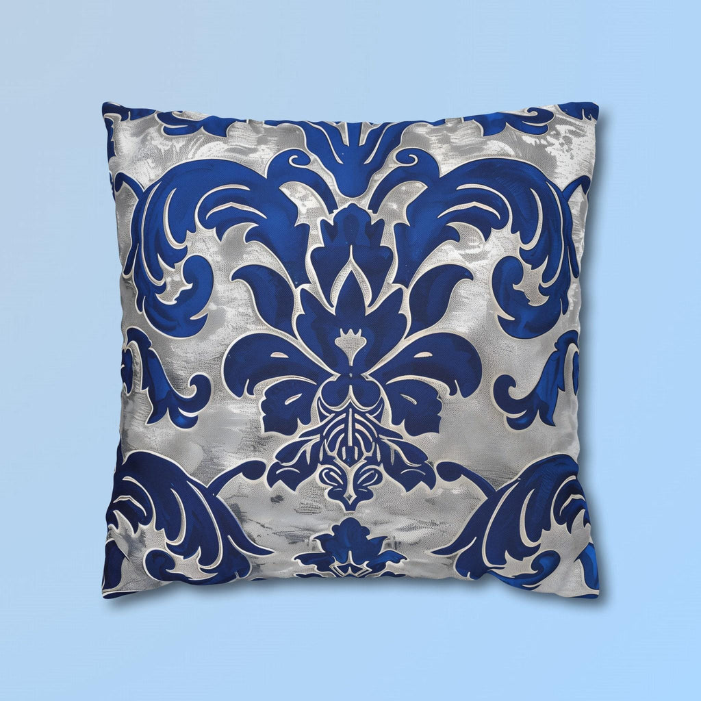 Baroque Royal Blue Floral Pillow Cover: Elegant Silver Accent