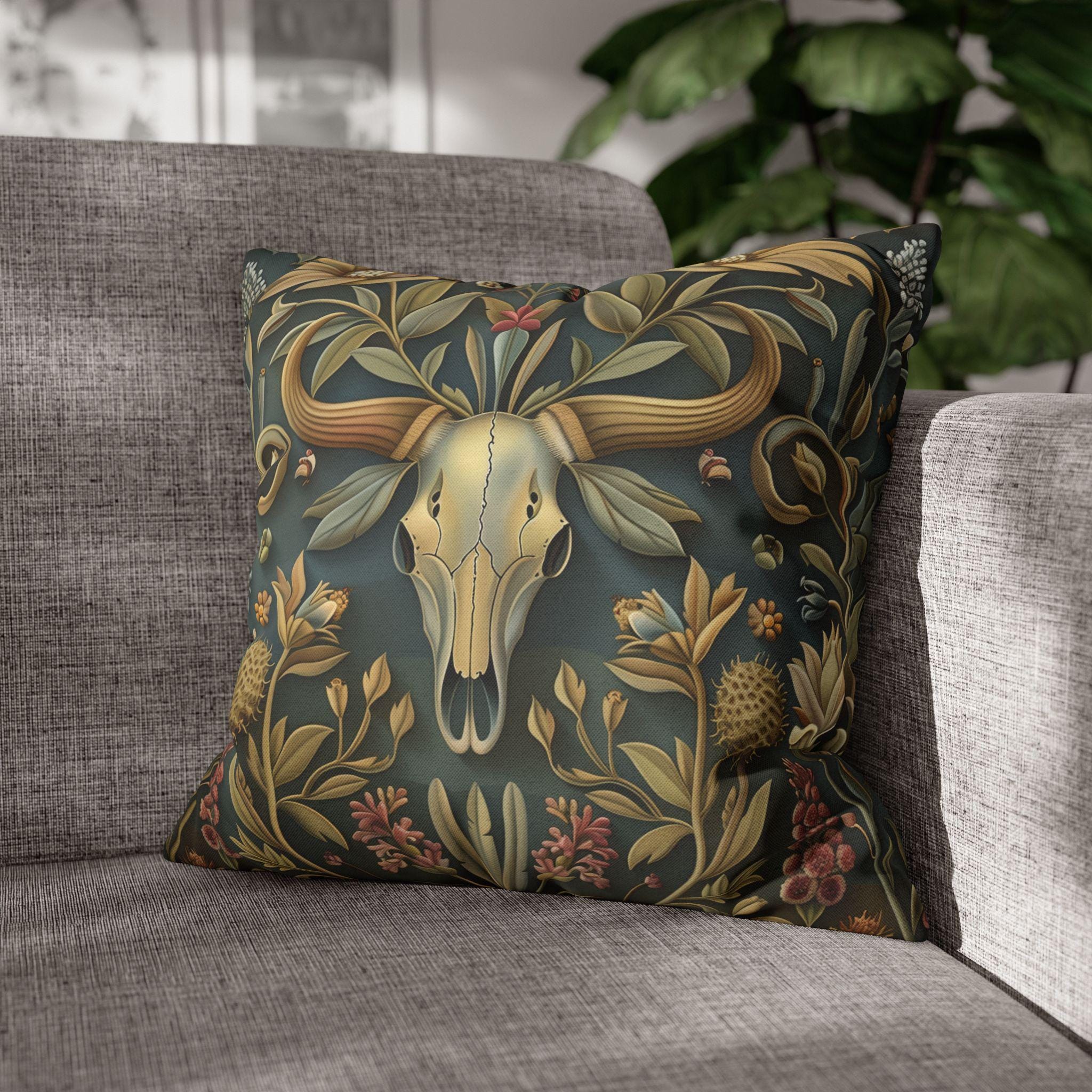 Longhorn Skull Floral Pillow Cover: Western Arts & Crafts Decor with Morris-Inspired Southwest Design