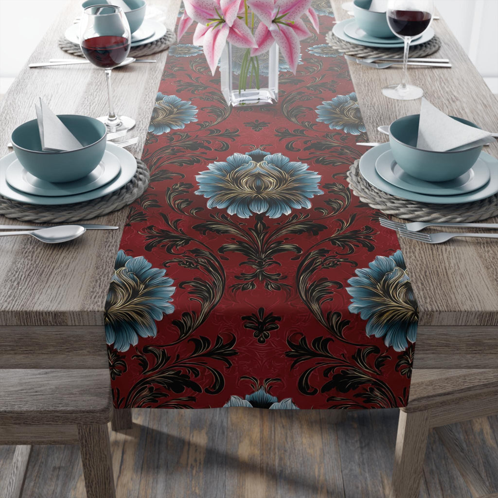 Quietly Patriotic Table Runner: Elegant Damask in Red, Cream and Blue