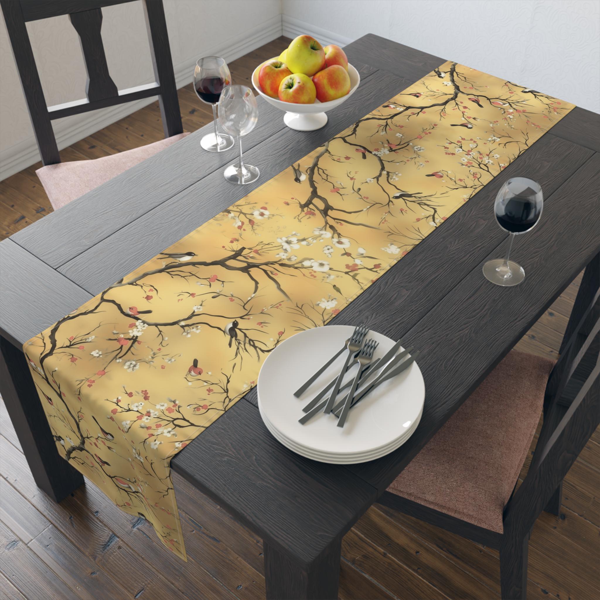 Chinoiserie Table Runner: Gold, Red Blossoms & Birds - Asian Decor