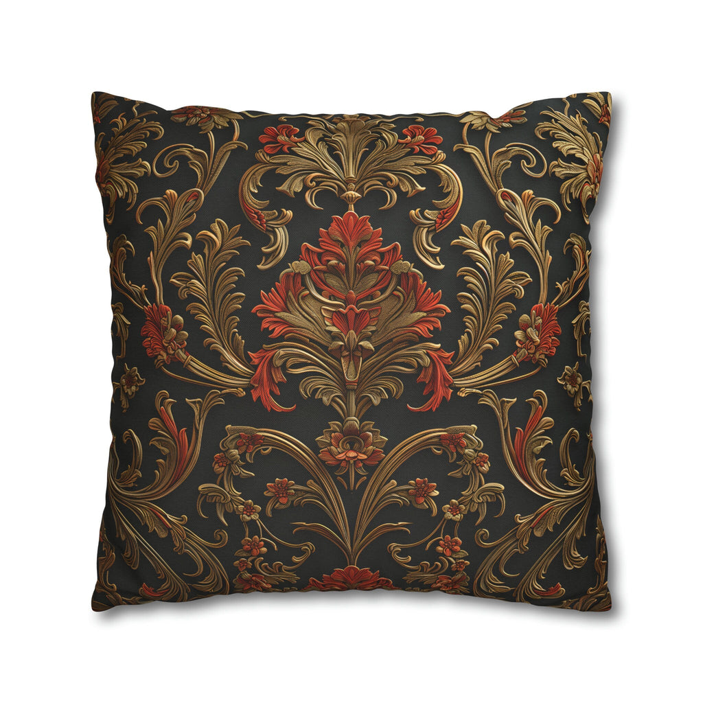 Classic Baroque Pattern Pillow Cover | Dark Background with Red & Gold | Traditional Elegance