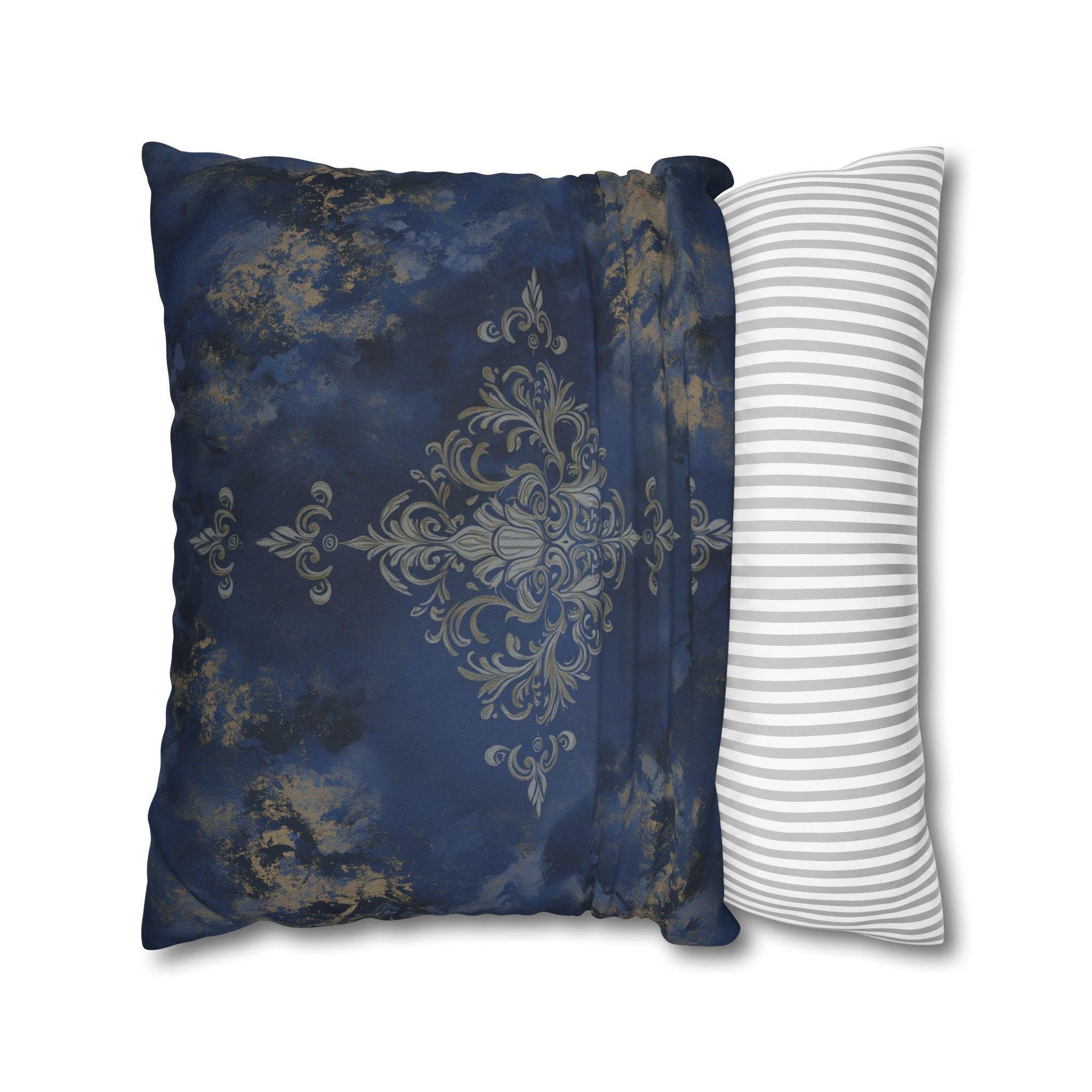 Navy Blue Damask Pillow Cover: Baroque Gold Accent Cushion