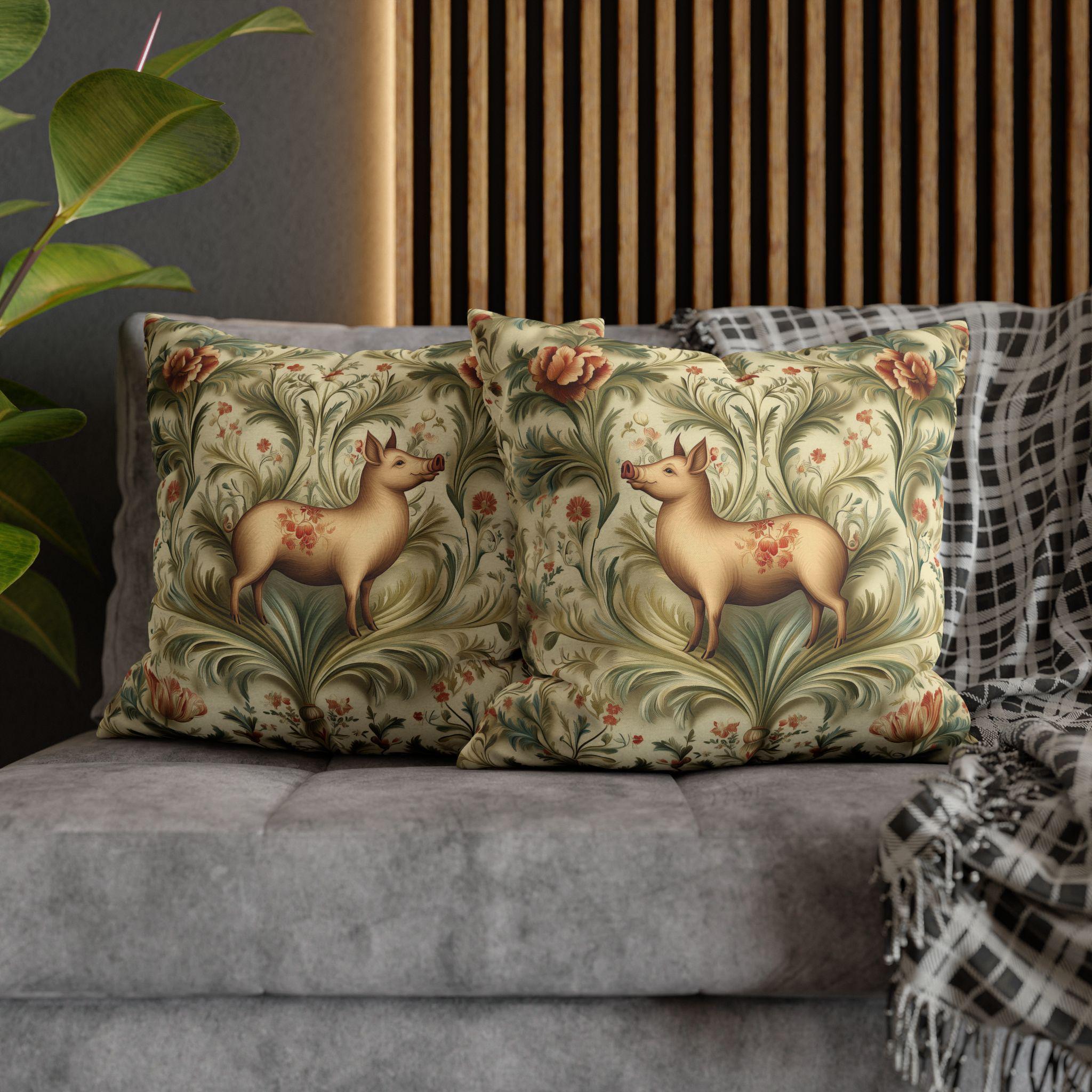 Vintage Style Proud Farm Pig Pillowcase: Botanical Floral Design for Rustic Farmhouse Decor
